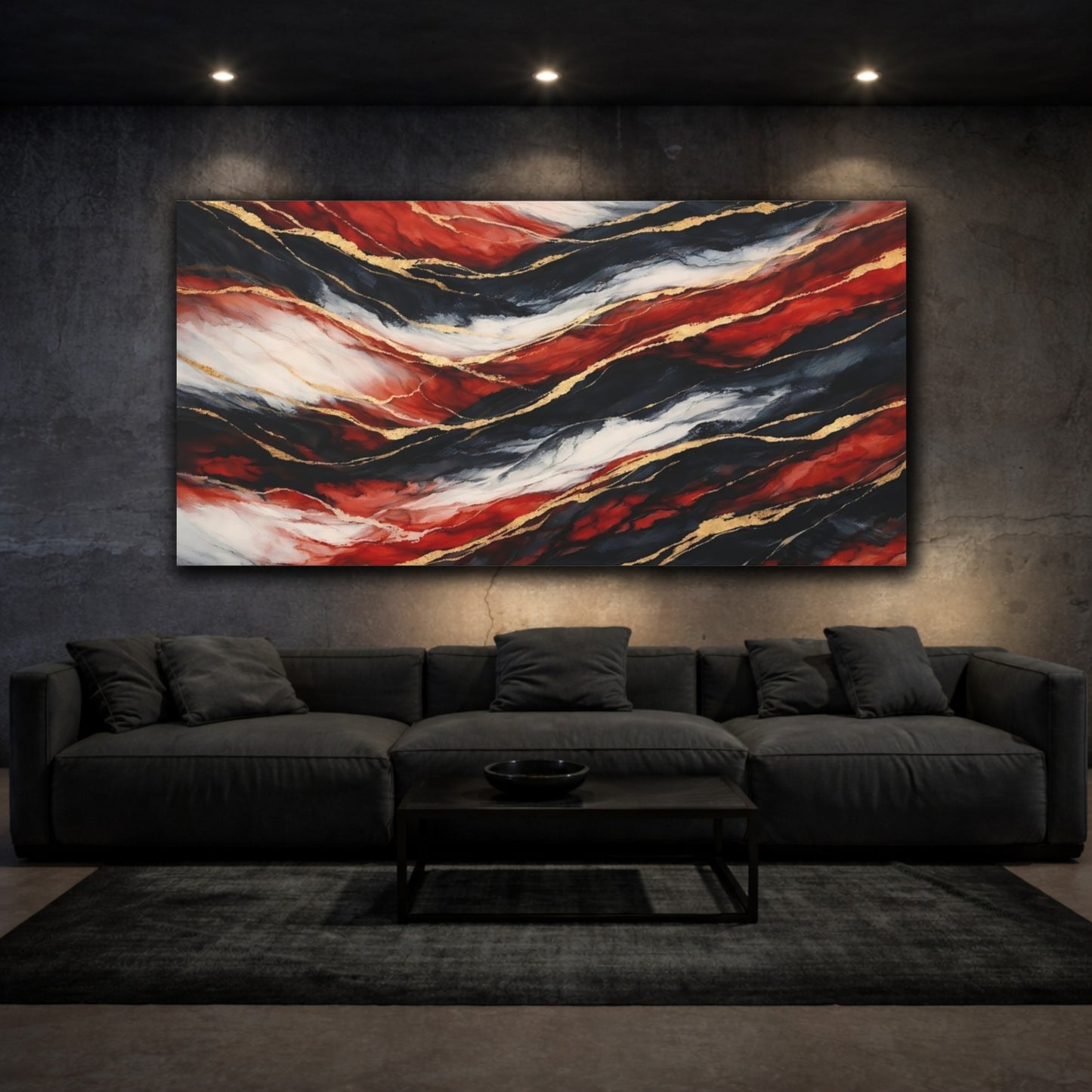 Mockup 2. Abstract Abstract Waves Red Black Gold shown as stretched canvas wall art