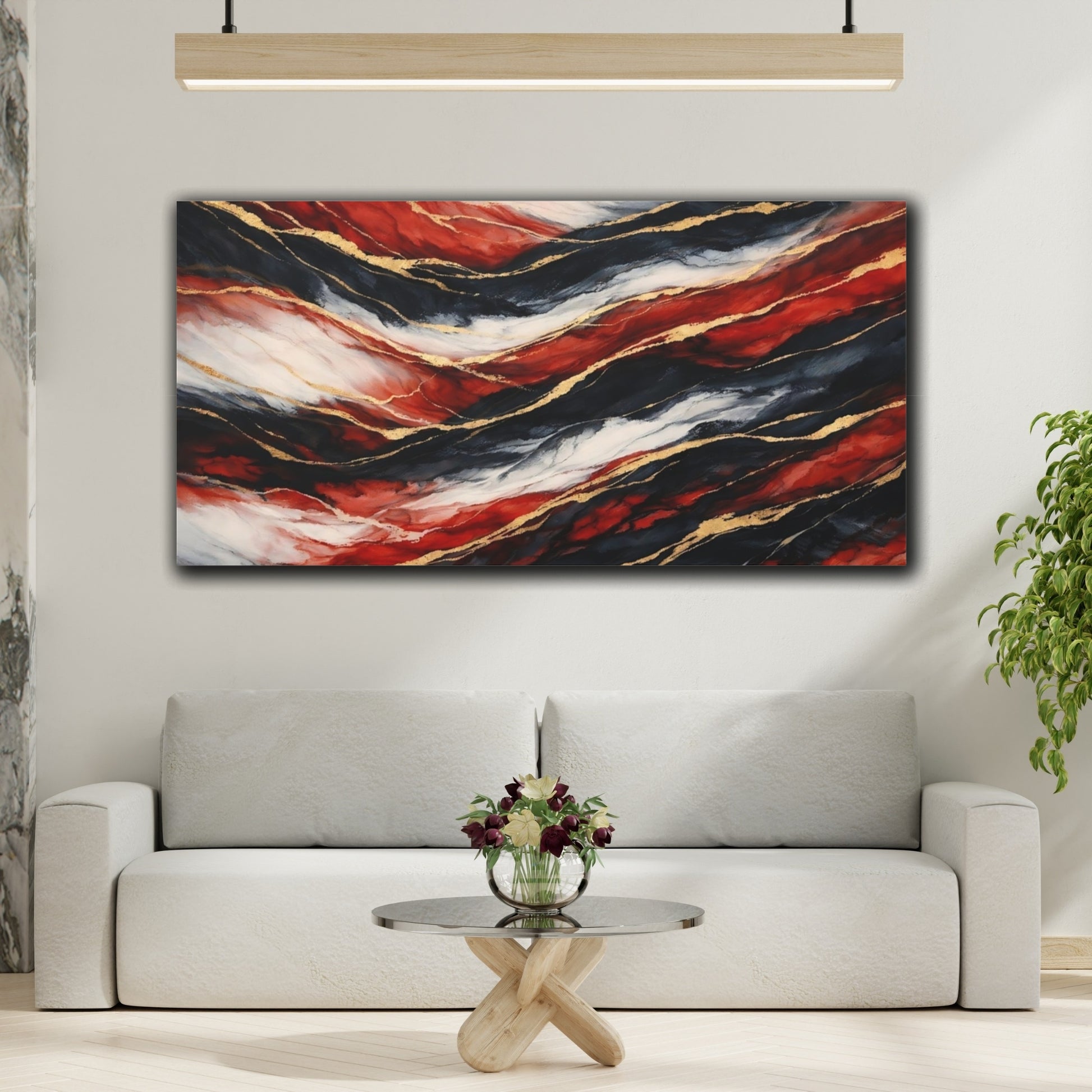 Mockup 3. Abstract Abstract Waves Red Black Gold shown as stretched canvas wall art