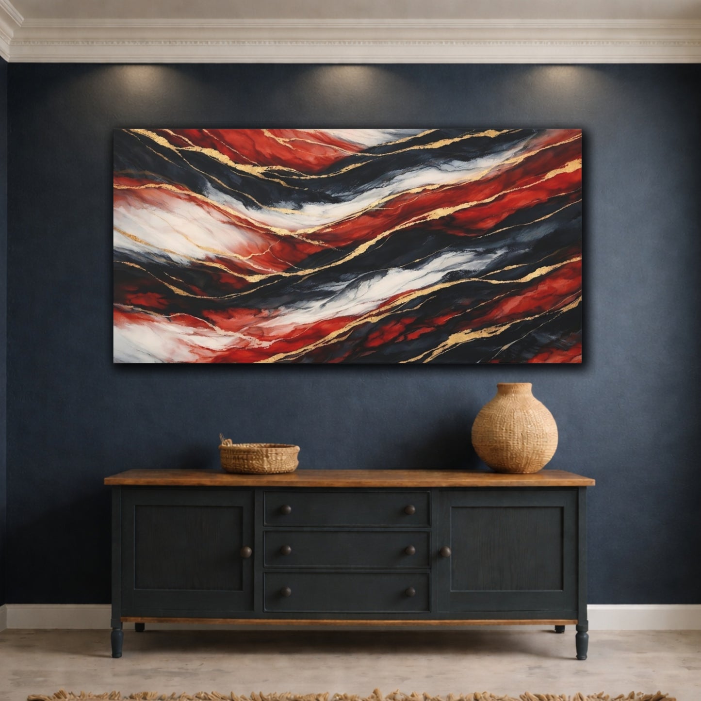 Mockup 4. Abstract Abstract Waves Red Black Gold shown as stretched canvas wall art