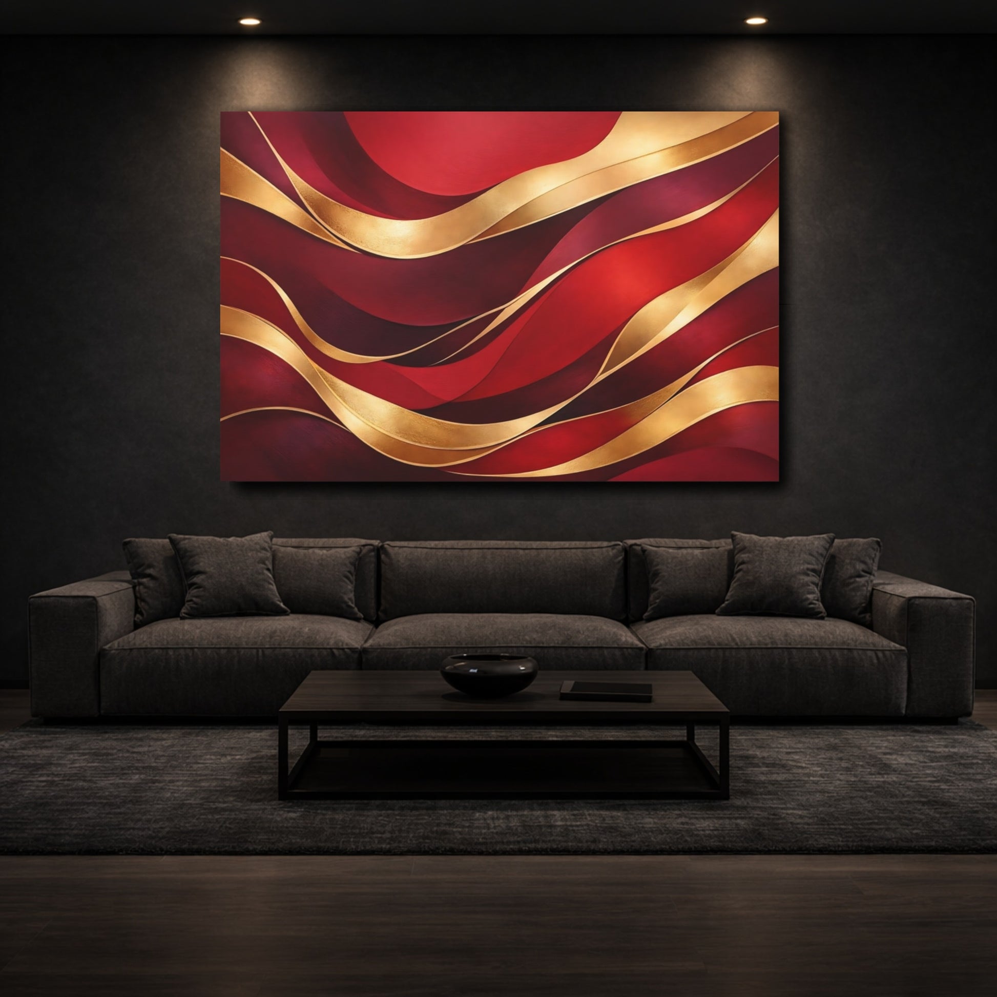 Mockup 2. Abstract Abstract Waves Red Gold Abstract shown as stretched canvas wall art