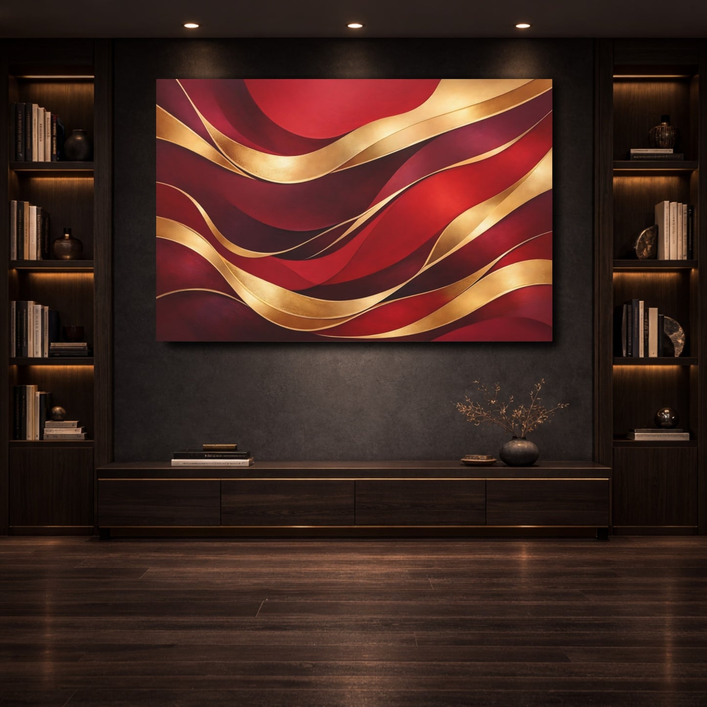 Mockup 3. Abstract Abstract Waves Red Gold Abstract shown as stretched canvas wall art