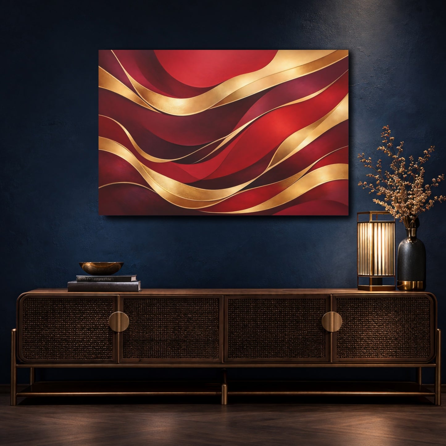 Mockup 4. Abstract Abstract Waves Red Gold Abstract shown as stretched canvas wall art