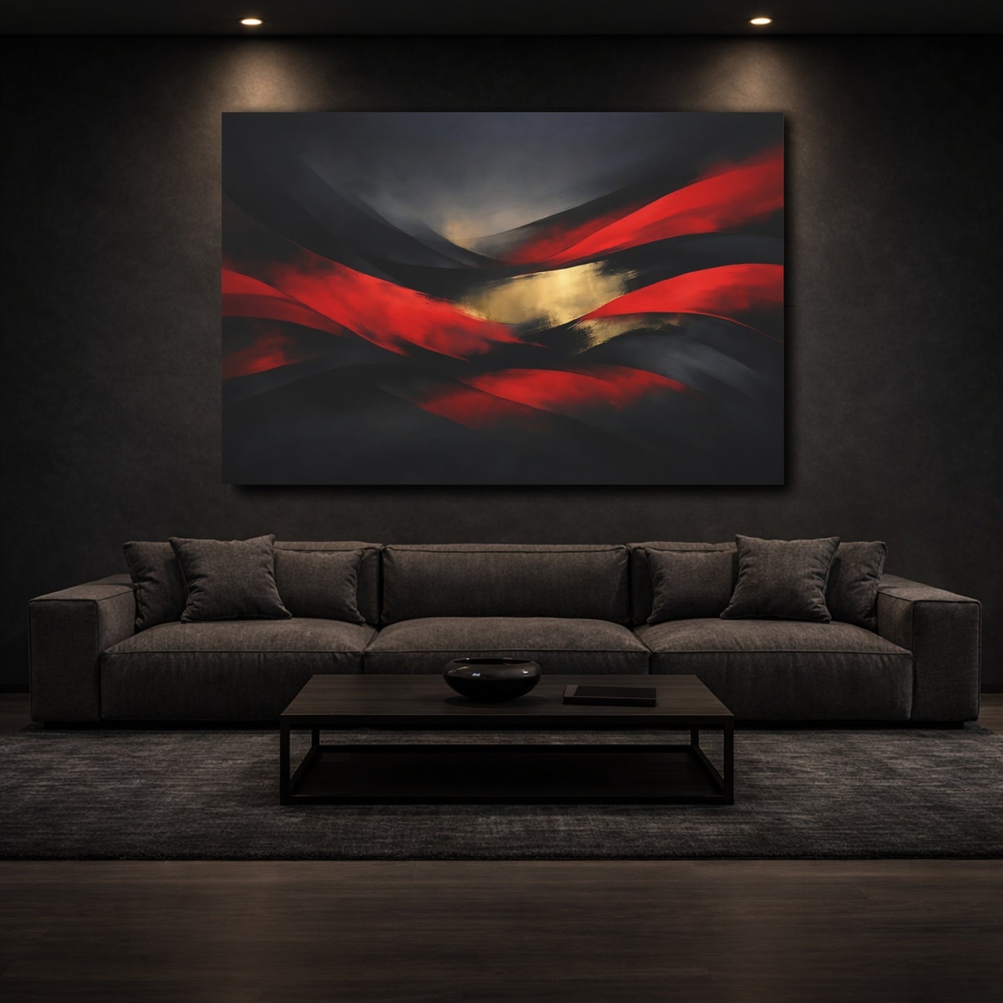Mockup 2. Abstract Abstract Waves Red Gold Black shown as stretched canvas wall art