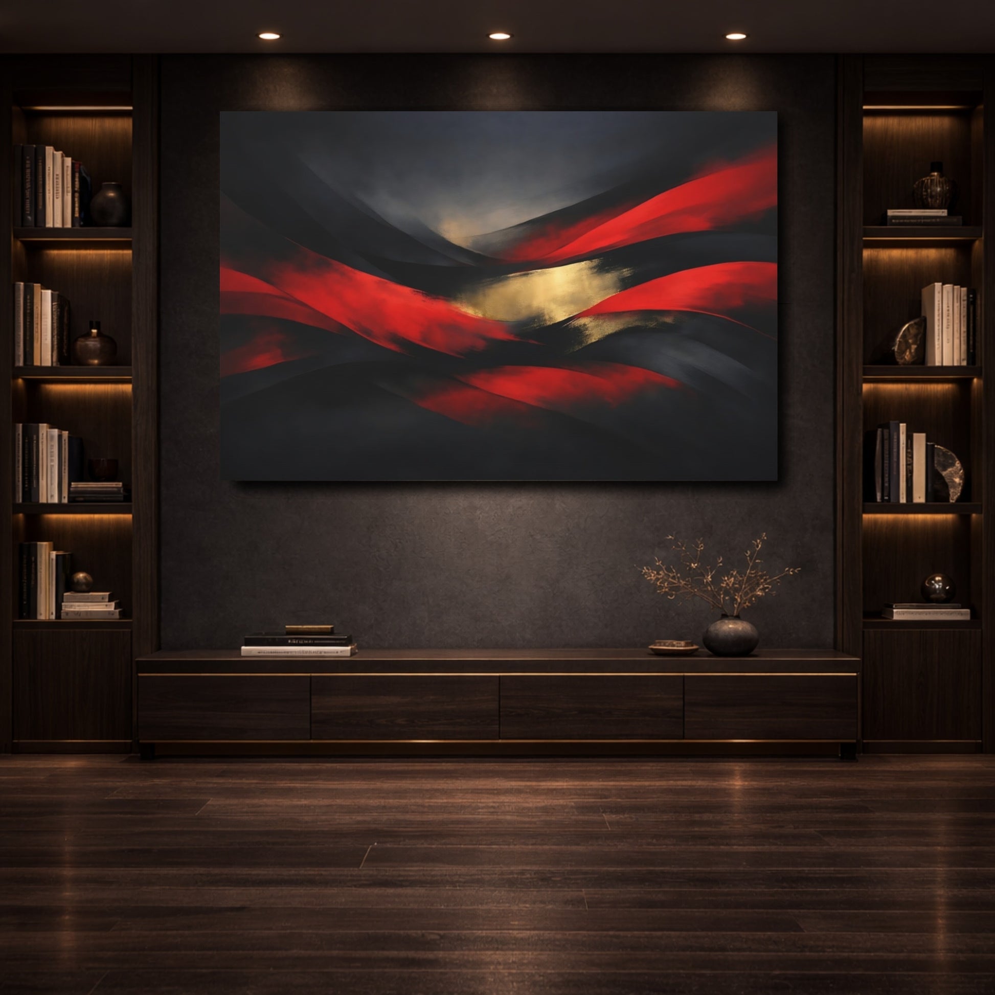 Mockup 3. Abstract Abstract Waves Red Gold Black shown as stretched canvas wall art