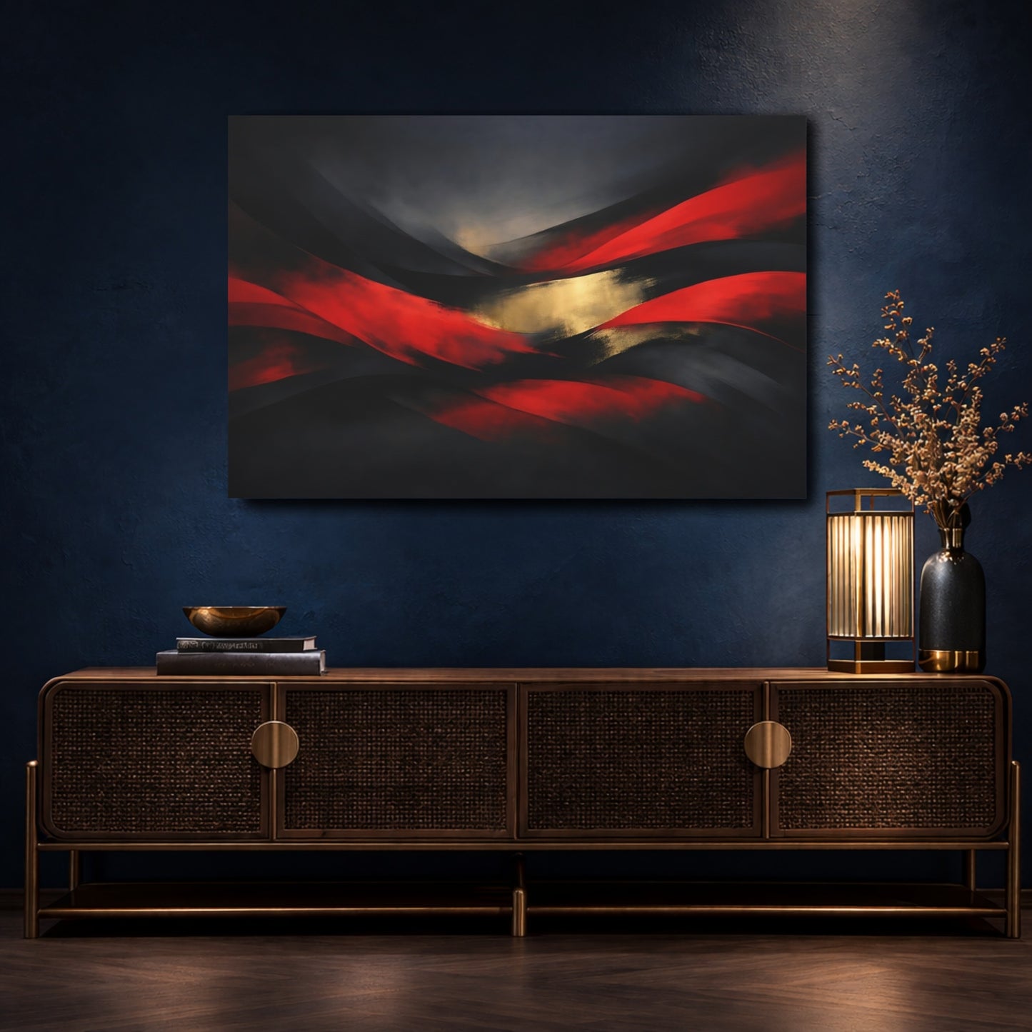 Mockup 4. Abstract Abstract Waves Red Gold Black shown as stretched canvas wall art