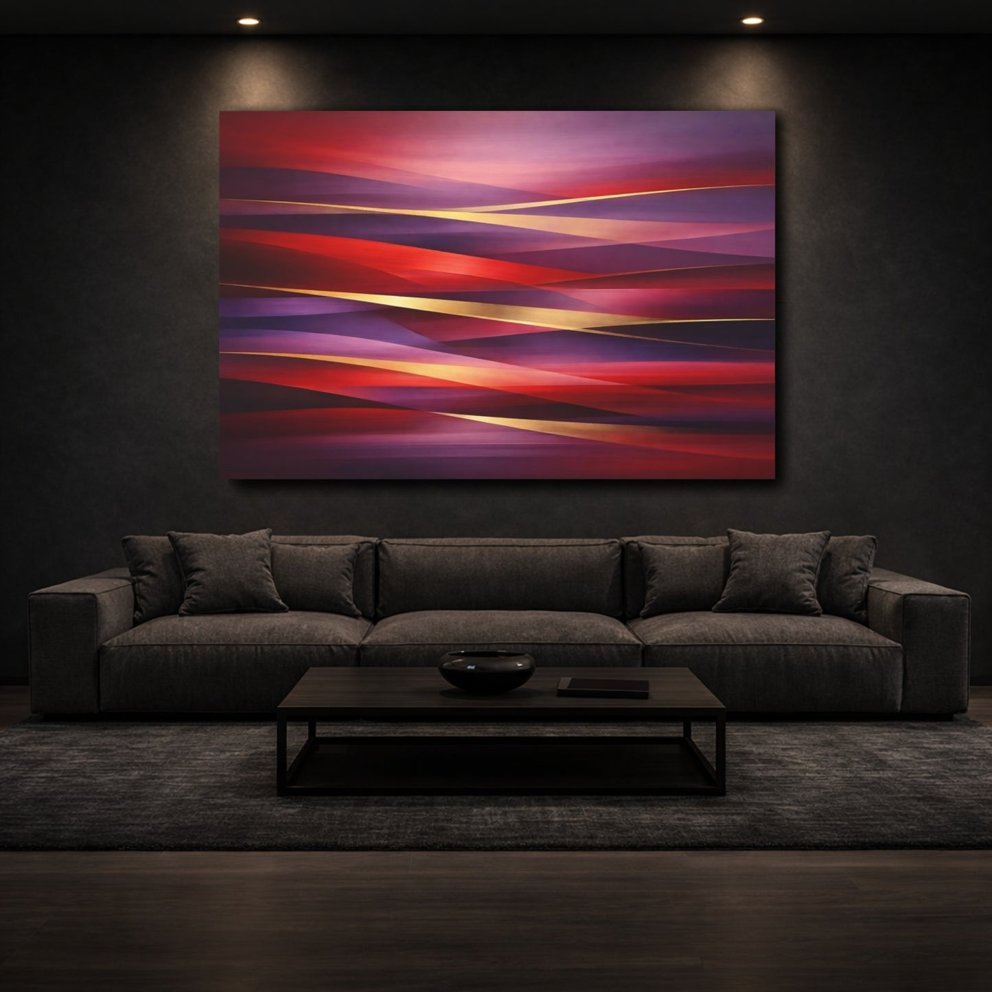 Mockup 2. Abstract Abstract Waves Red Purple Gold shown as stretched canvas wall art