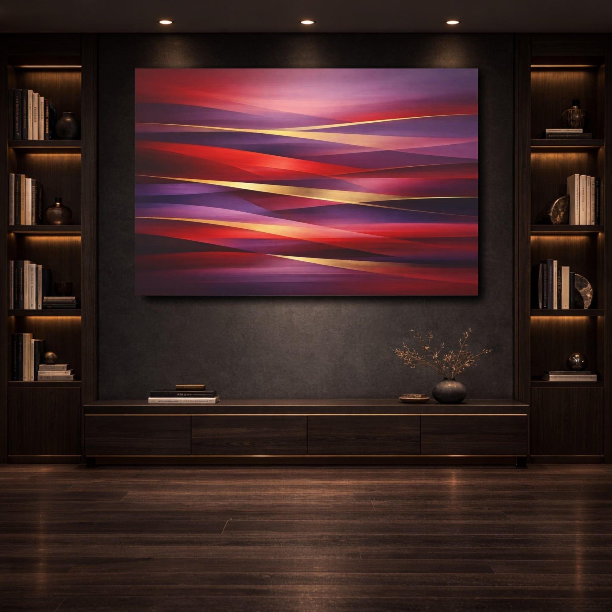 Mockup 3. Abstract Abstract Waves Red Purple Gold shown as stretched canvas wall art