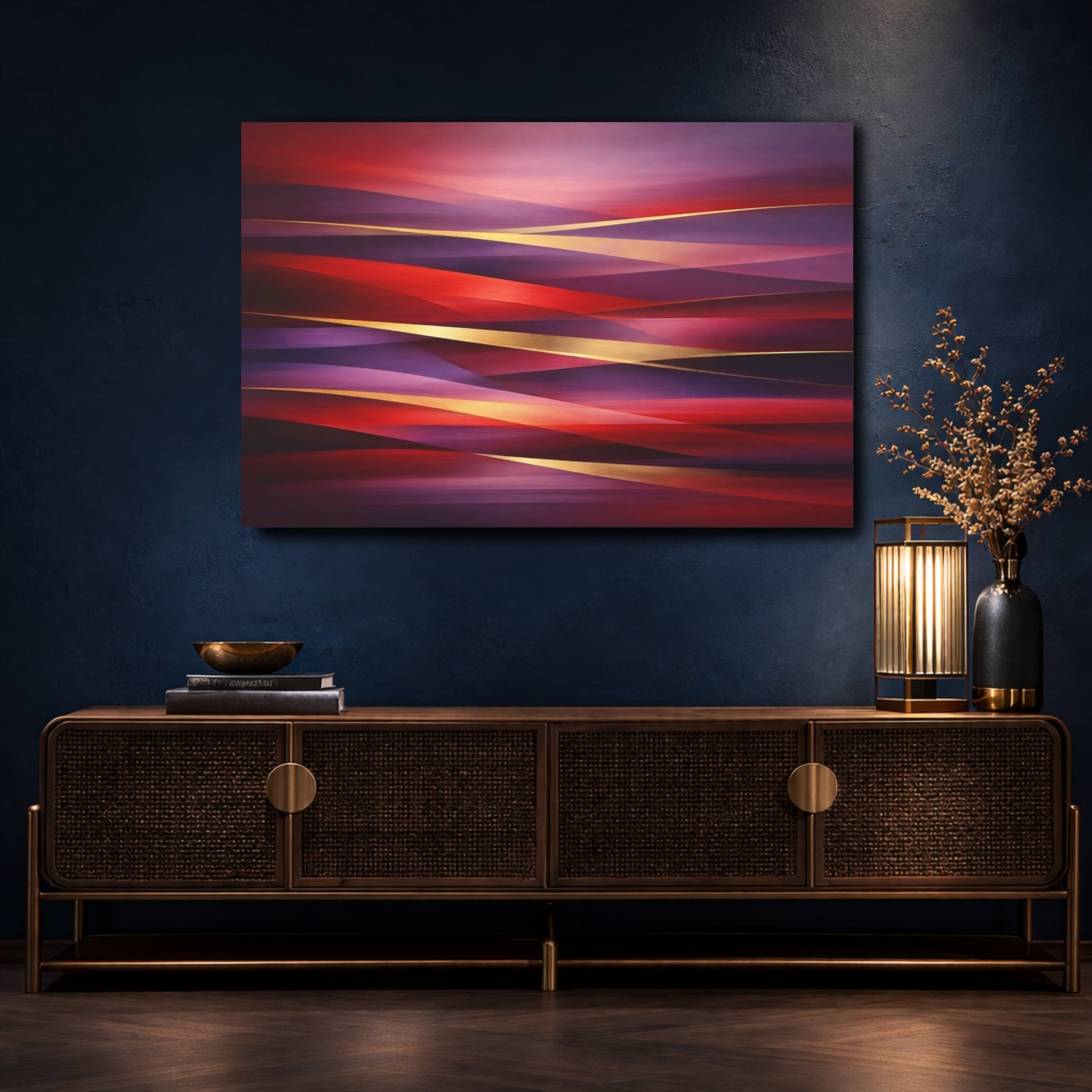 Mockup 4. Abstract Abstract Waves Red Purple Gold shown as stretched canvas wall art