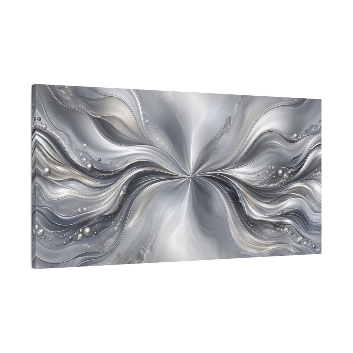 Main Mockup. Abstract Abstract Waves Silver And Grey shown as stretched canvas wall art