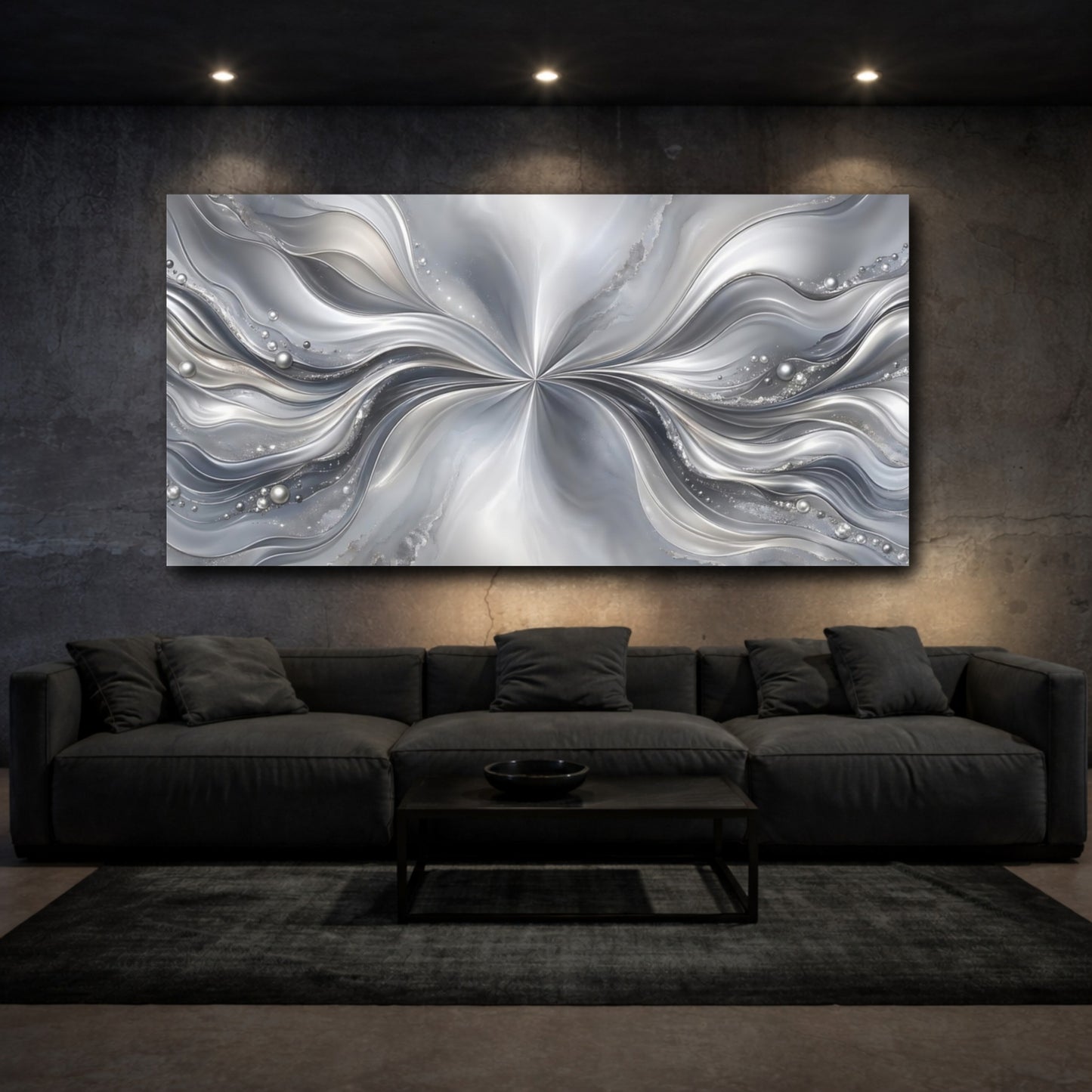 Mockup 2. Abstract Abstract Waves Silver And Grey shown as stretched canvas wall art