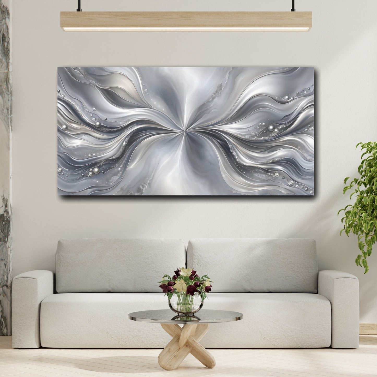 Mockup 3. Abstract Abstract Waves Silver And Grey shown as stretched canvas wall art