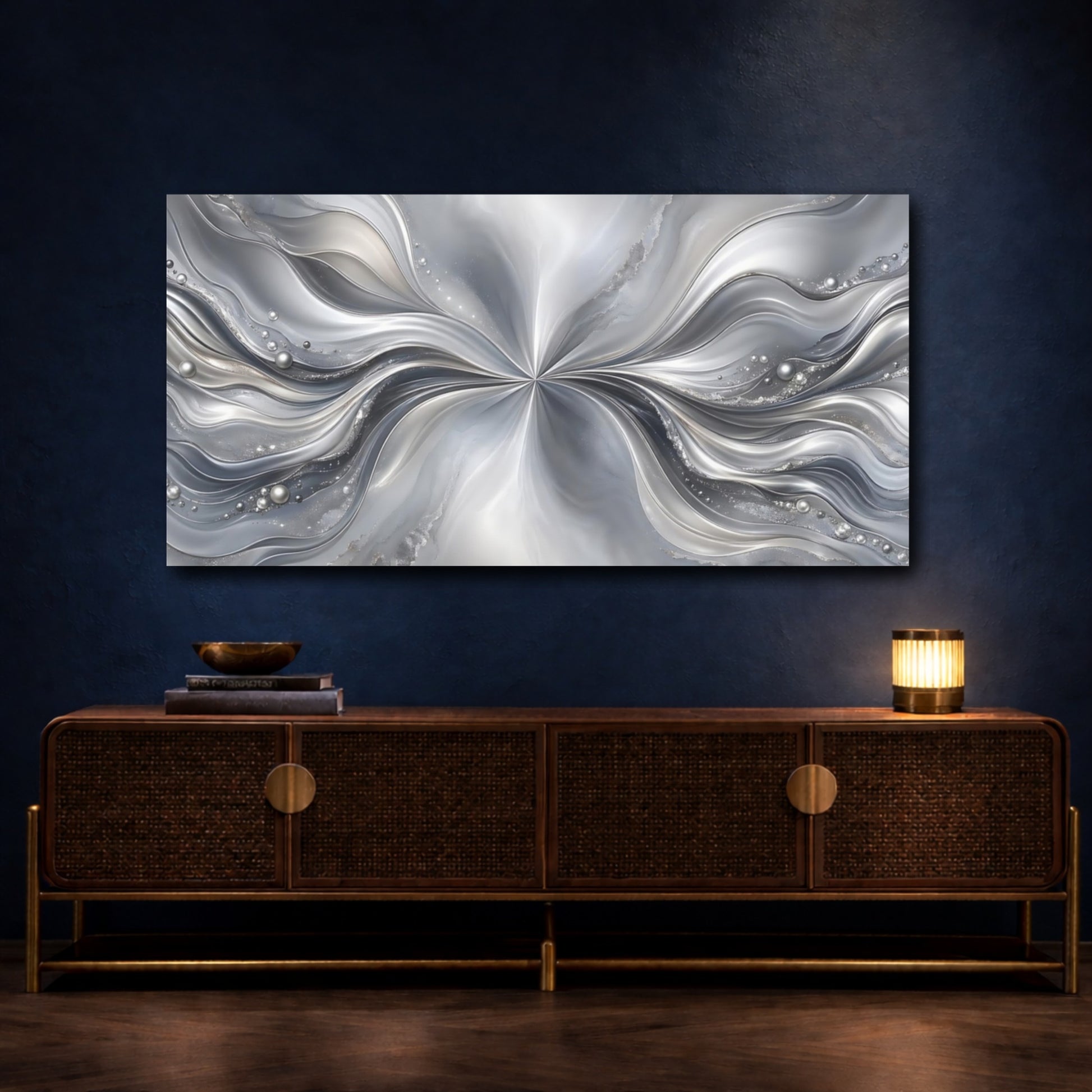 Mockup 4. Abstract Abstract Waves Silver And Grey shown as stretched canvas wall art