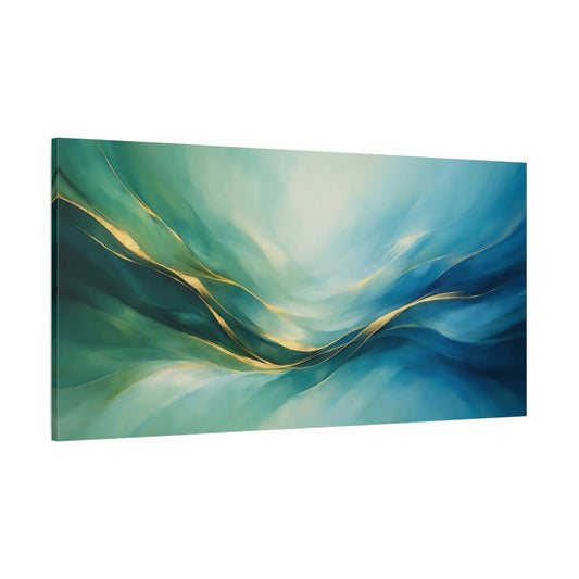 Main Mockup. Abstract Abstract Waves Teal And Gold shown as stretched canvas wall art