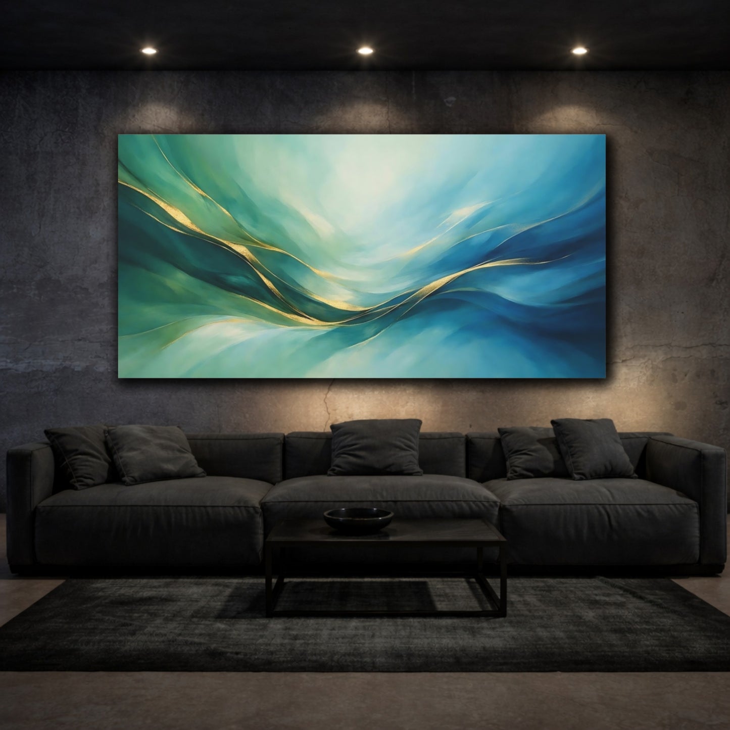 Mockup 2. Abstract Abstract Waves Teal And Gold shown as stretched canvas wall art