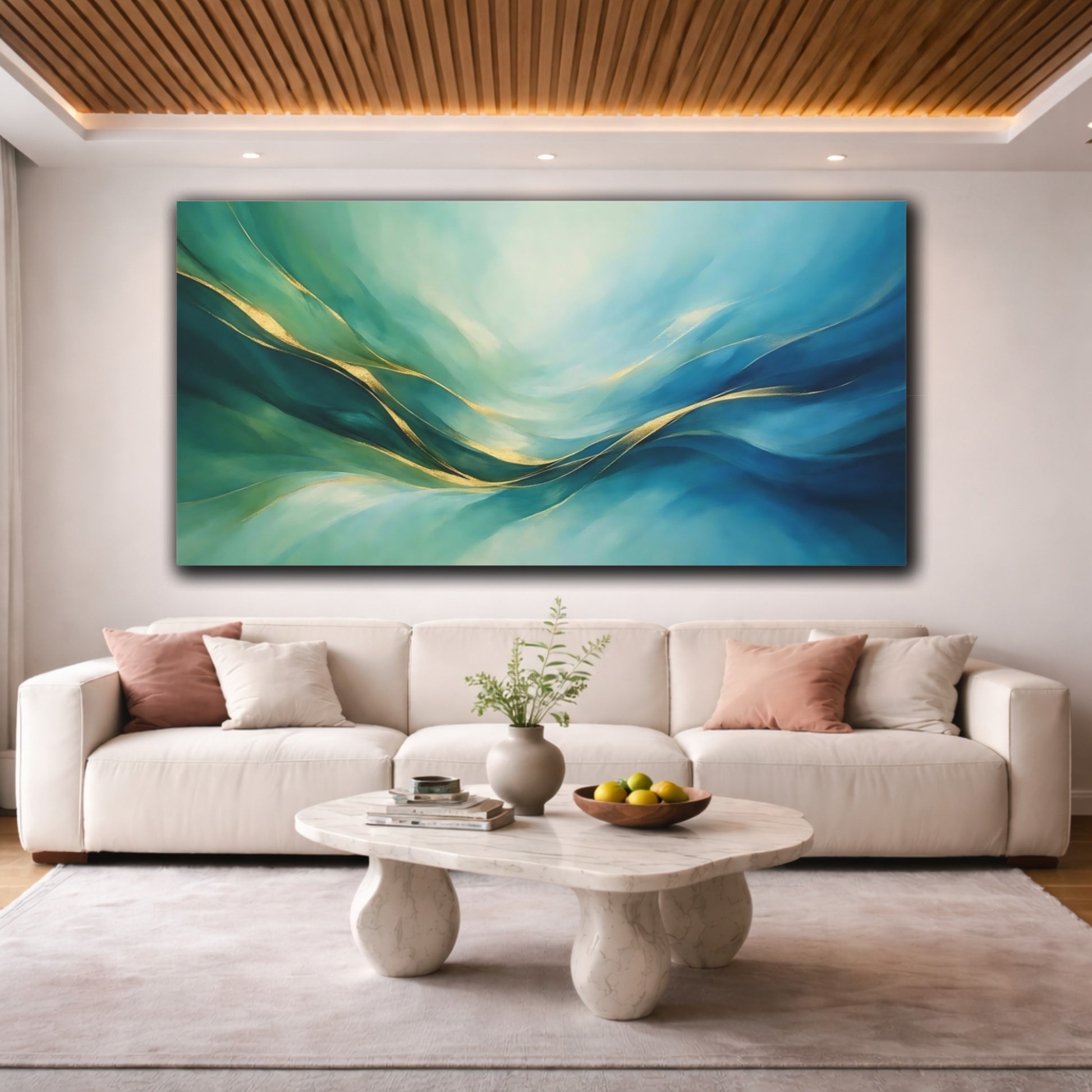 Mockup 3. Abstract Abstract Waves Teal And Gold shown as stretched canvas wall art