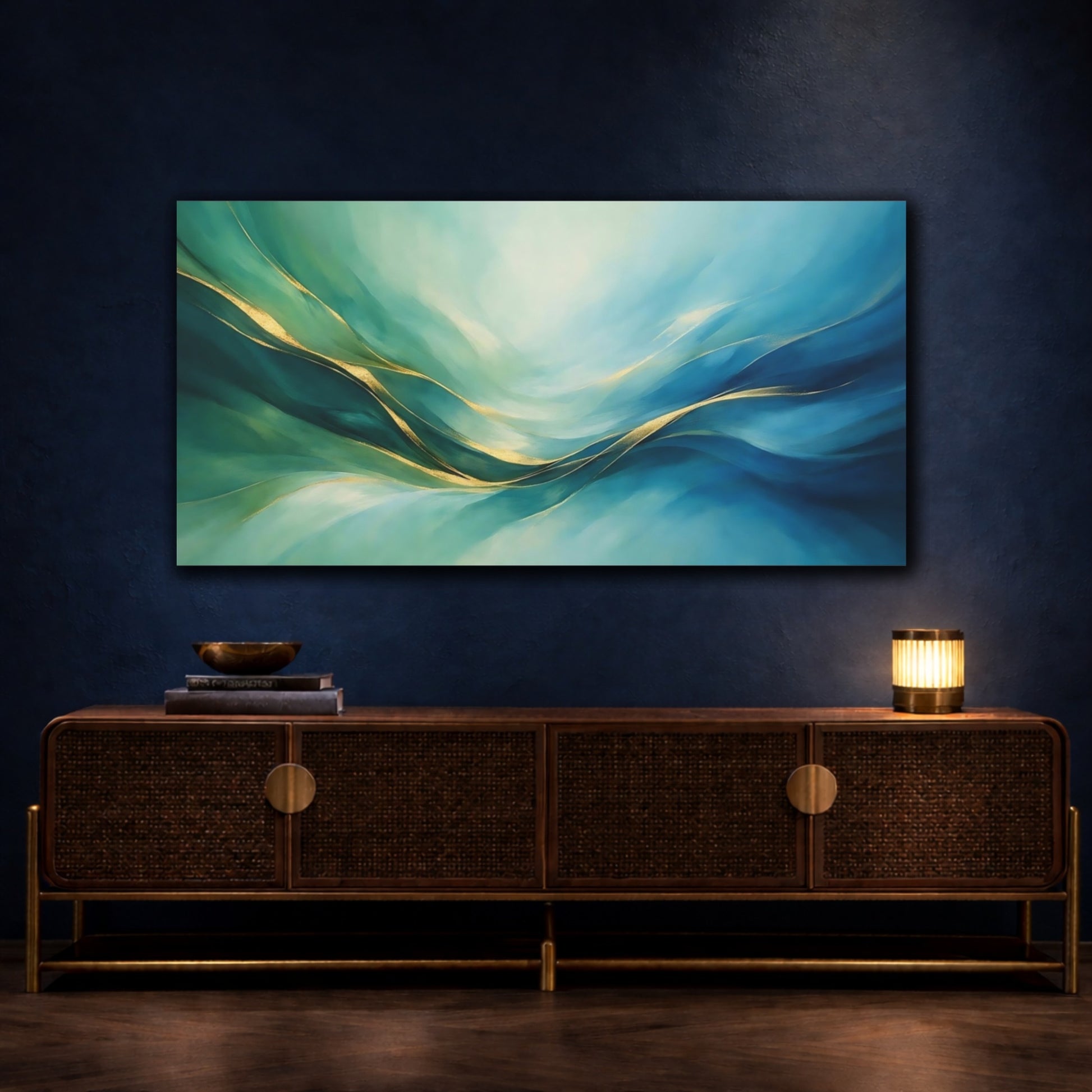 Mockup 4. Abstract Abstract Waves Teal And Gold shown as stretched canvas wall art