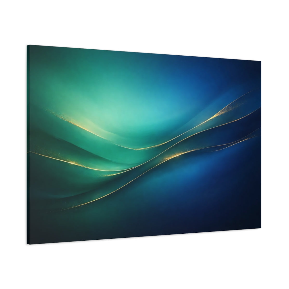 Main Mockup. Abstract Abstract Waves Teal Blue Gold Abstract shown as stretched canvas wall art