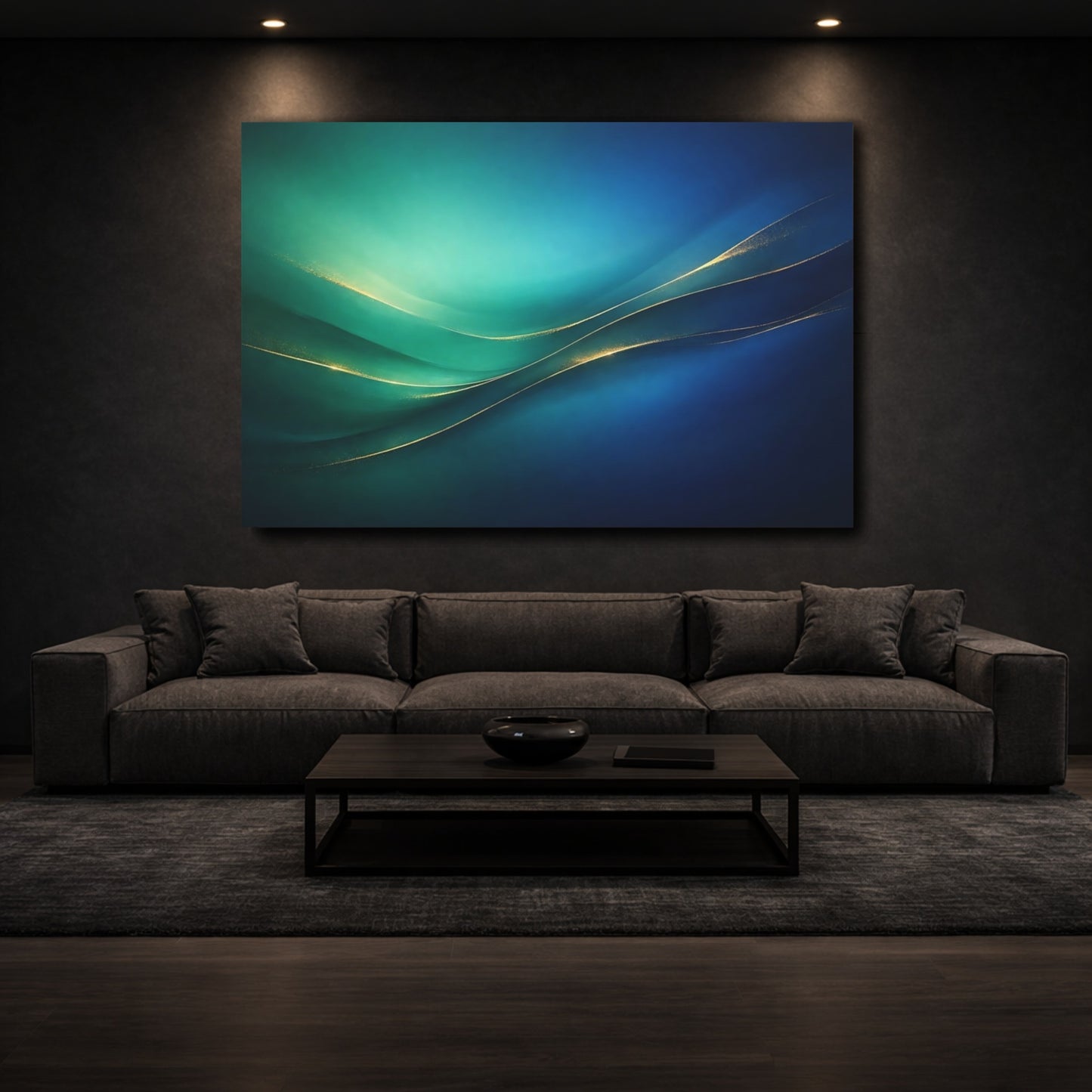 Mockup 2. Abstract Abstract Waves Teal Blue Gold Abstract shown as stretched canvas wall art