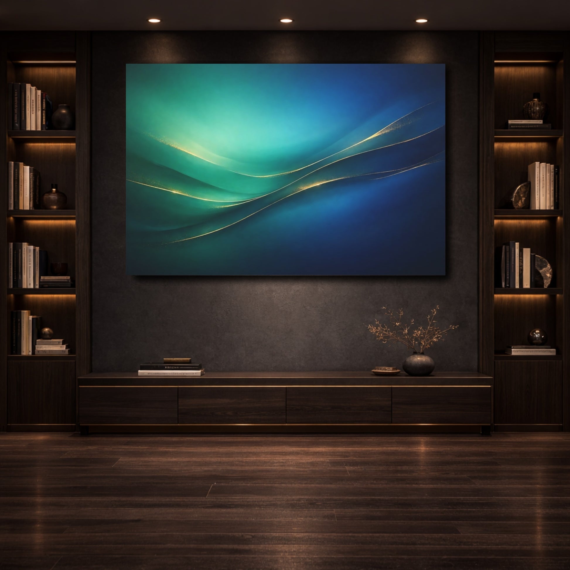 Mockup 3. Abstract Abstract Waves Teal Blue Gold Abstract shown as stretched canvas wall art