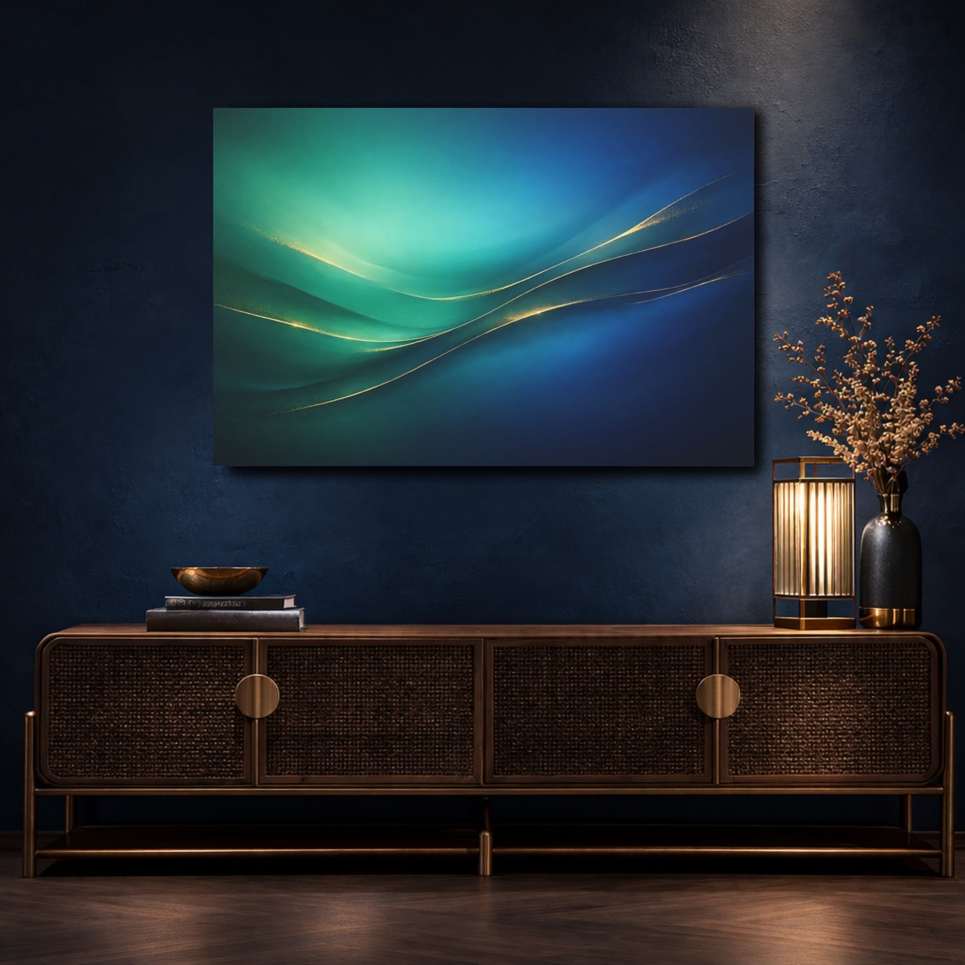 Mockup 4. Abstract Abstract Waves Teal Blue Gold Abstract shown as stretched canvas wall art