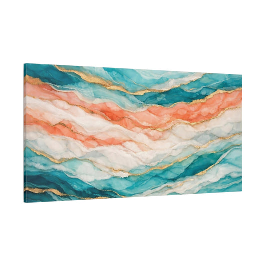 Main Mockup. Abstract Abstract Waves Teal Coral Gold shown as stretched canvas wall art