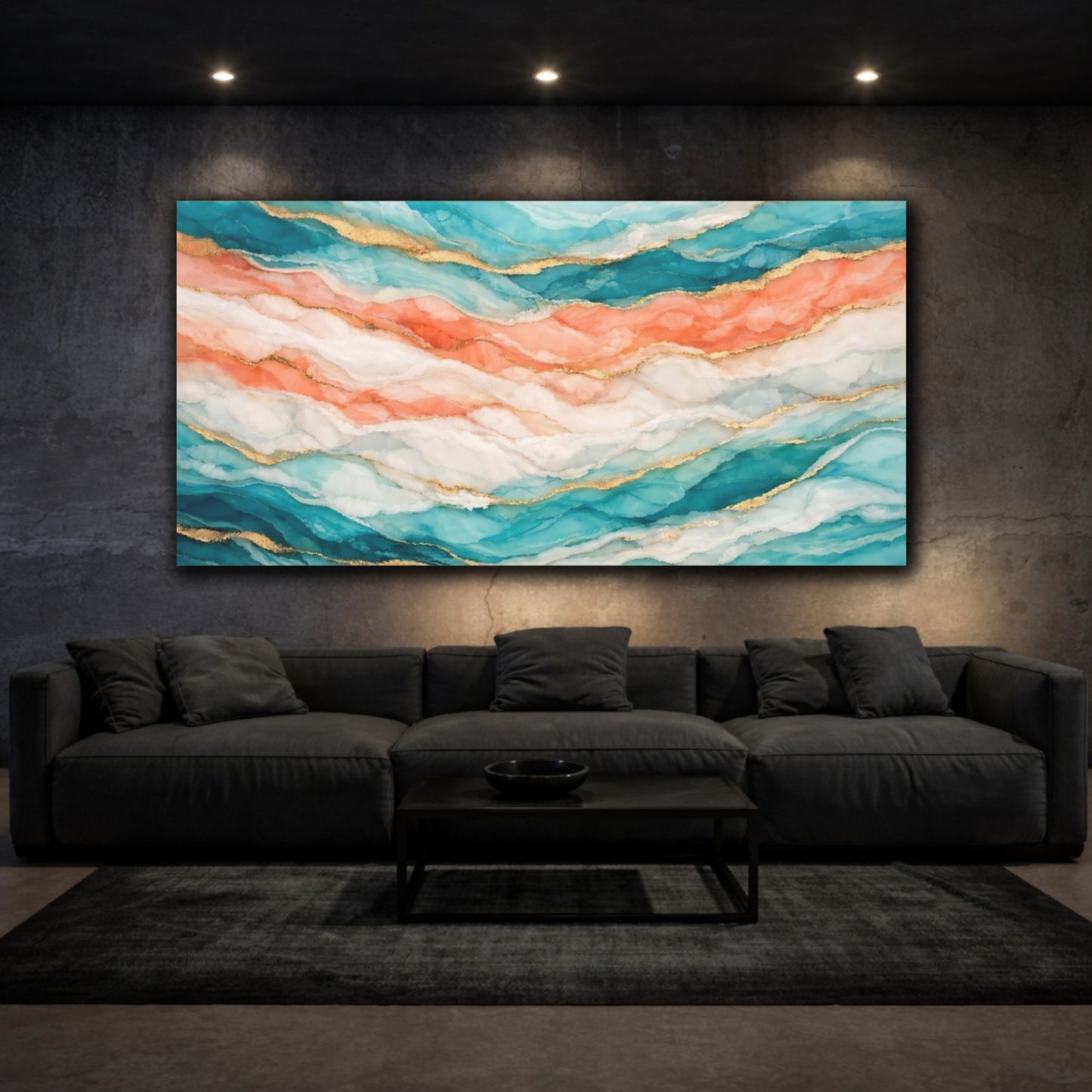 Mockup 2. Abstract Abstract Waves Teal Coral Gold shown as stretched canvas wall art