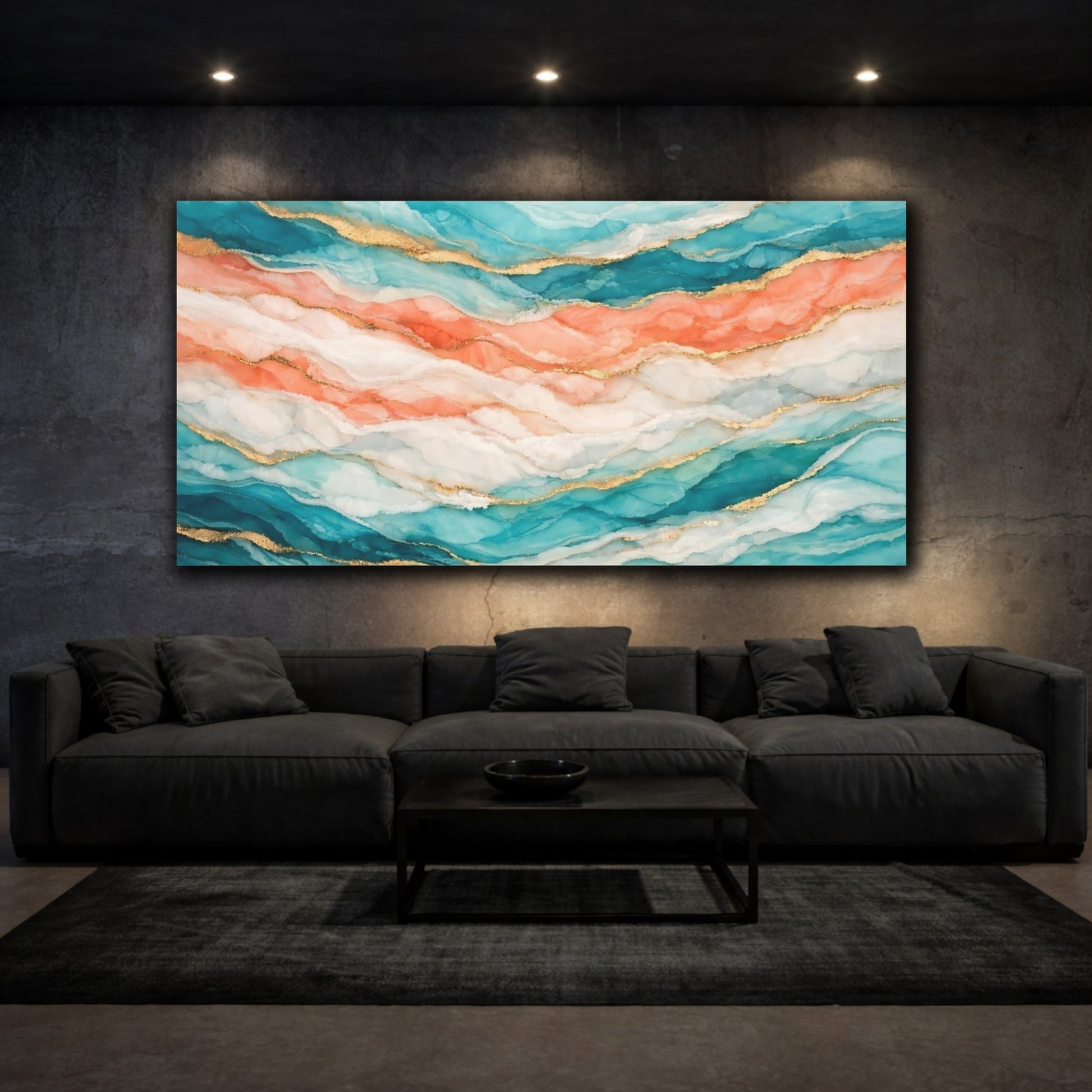 Mockup 2. Abstract Abstract Waves Teal Coral Gold shown as stretched canvas wall art