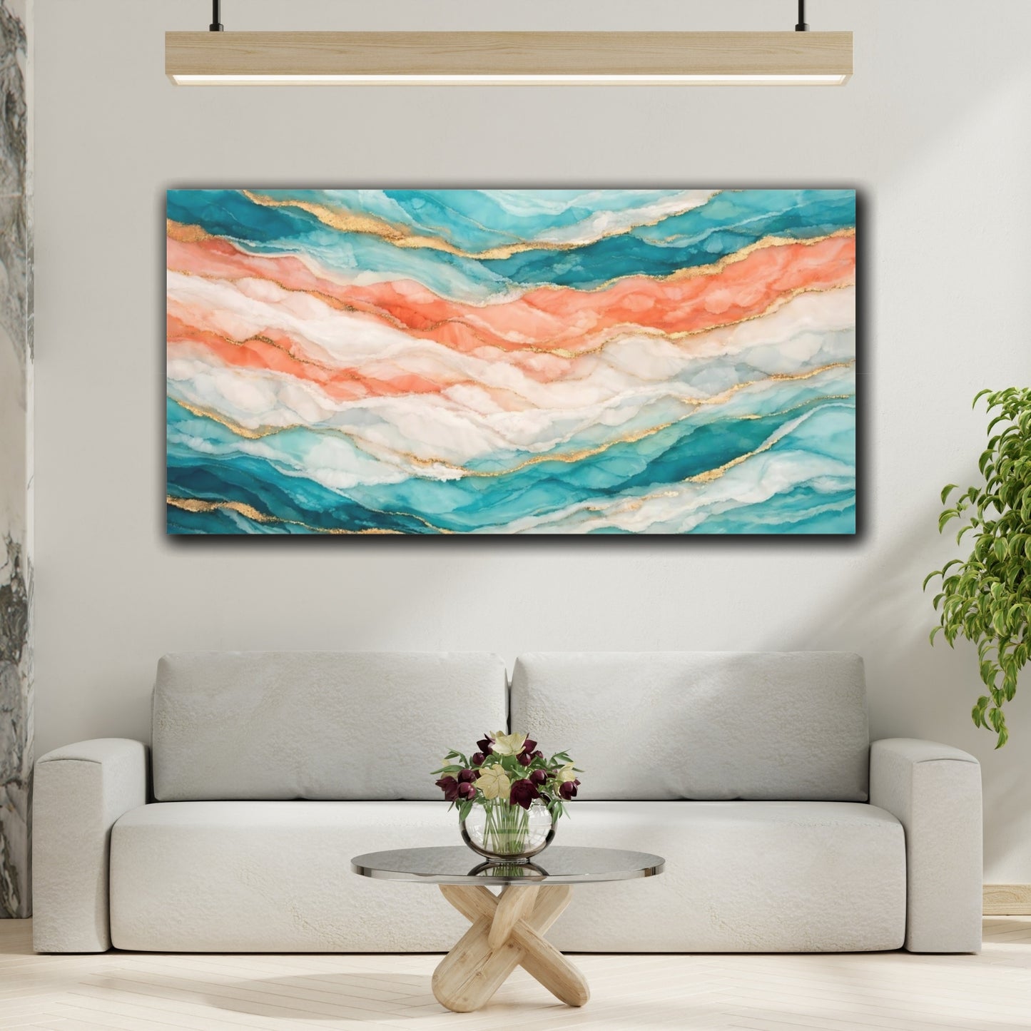Mockup 3. Abstract Abstract Waves Teal Coral Gold shown as stretched canvas wall art