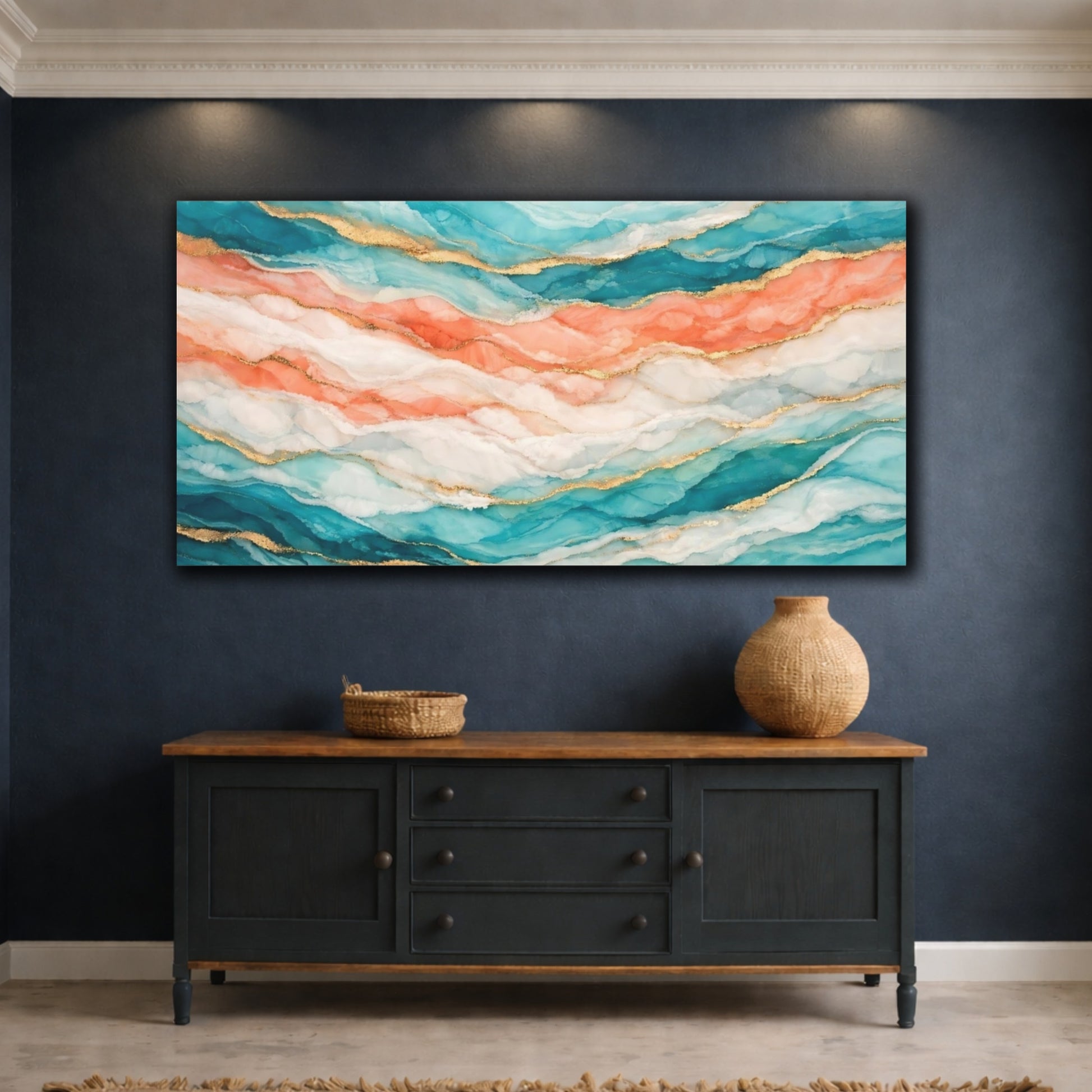 Mockup 4. Abstract Abstract Waves Teal Coral Gold shown as stretched canvas wall art