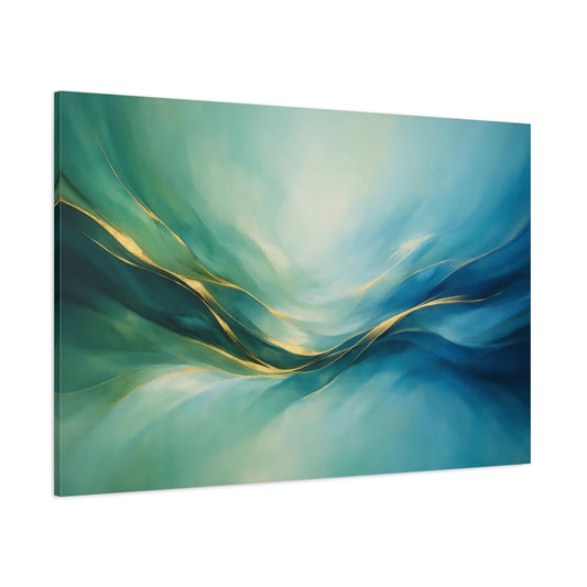 Main Mockup. Abstract Abstract Waves Teal Gold Abstract shown as stretched canvas wall art