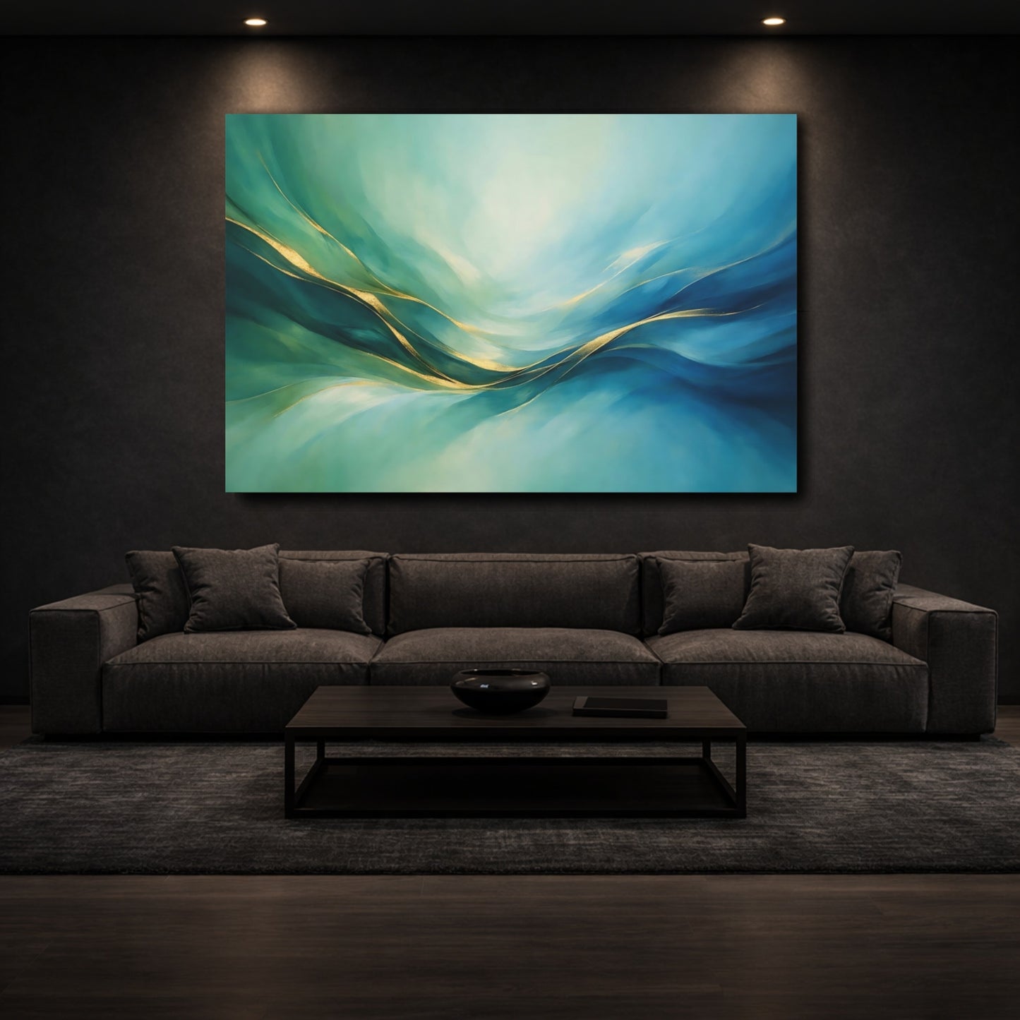 Mockup 2. Abstract Abstract Waves Teal Gold Abstract shown as stretched canvas wall art