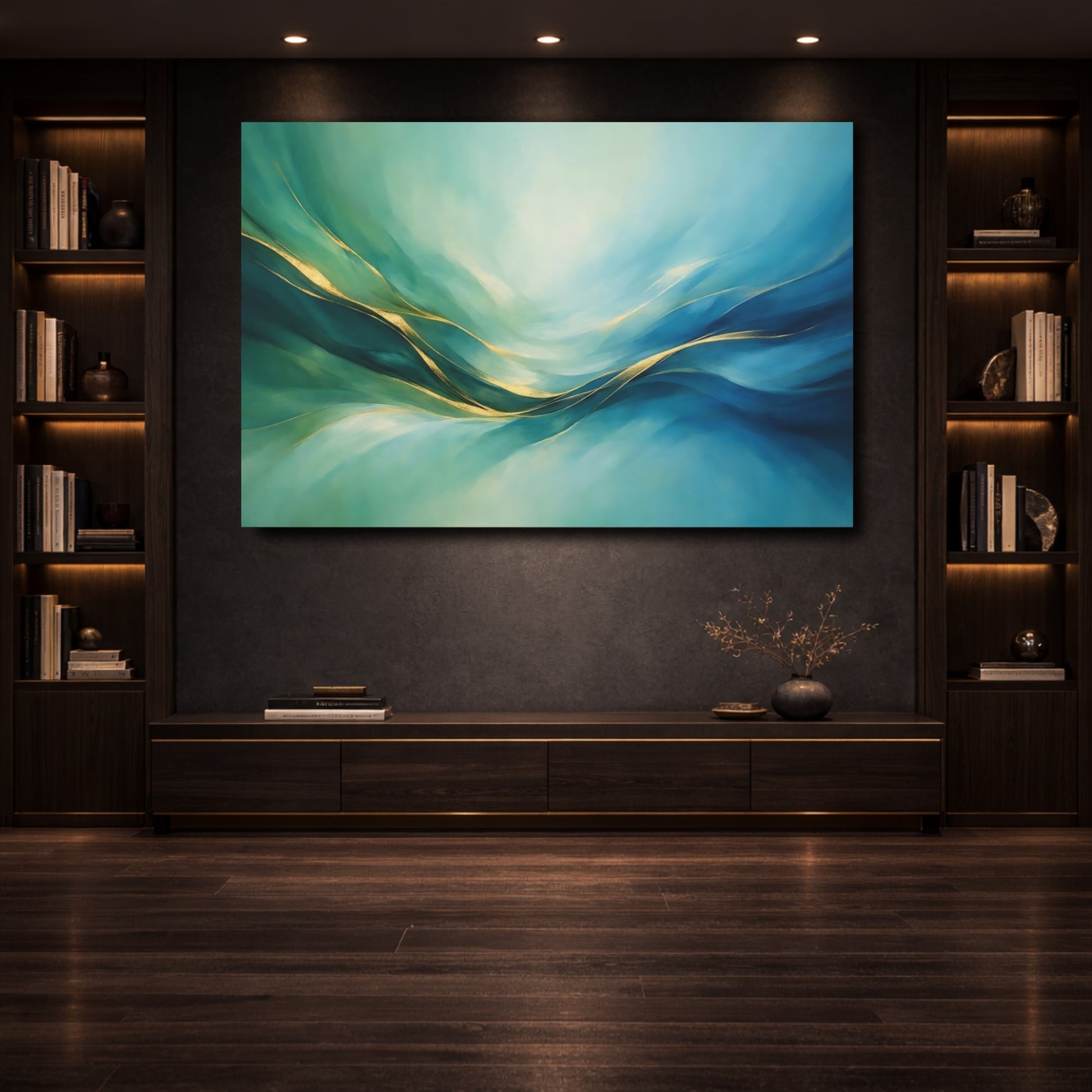 Mockup 3. Abstract Abstract Waves Teal Gold Abstract shown as stretched canvas wall art