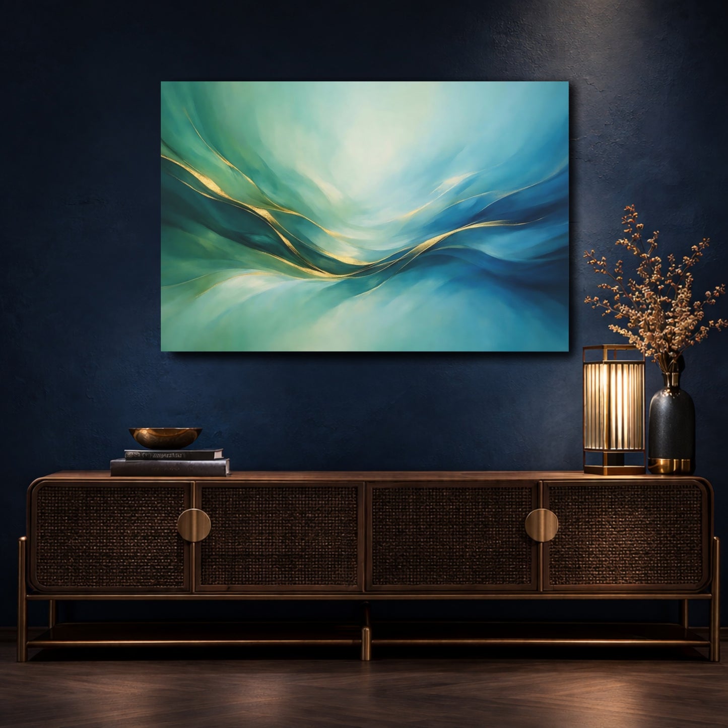 Mockup 4. Abstract Abstract Waves Teal Gold Abstract shown as stretched canvas wall art