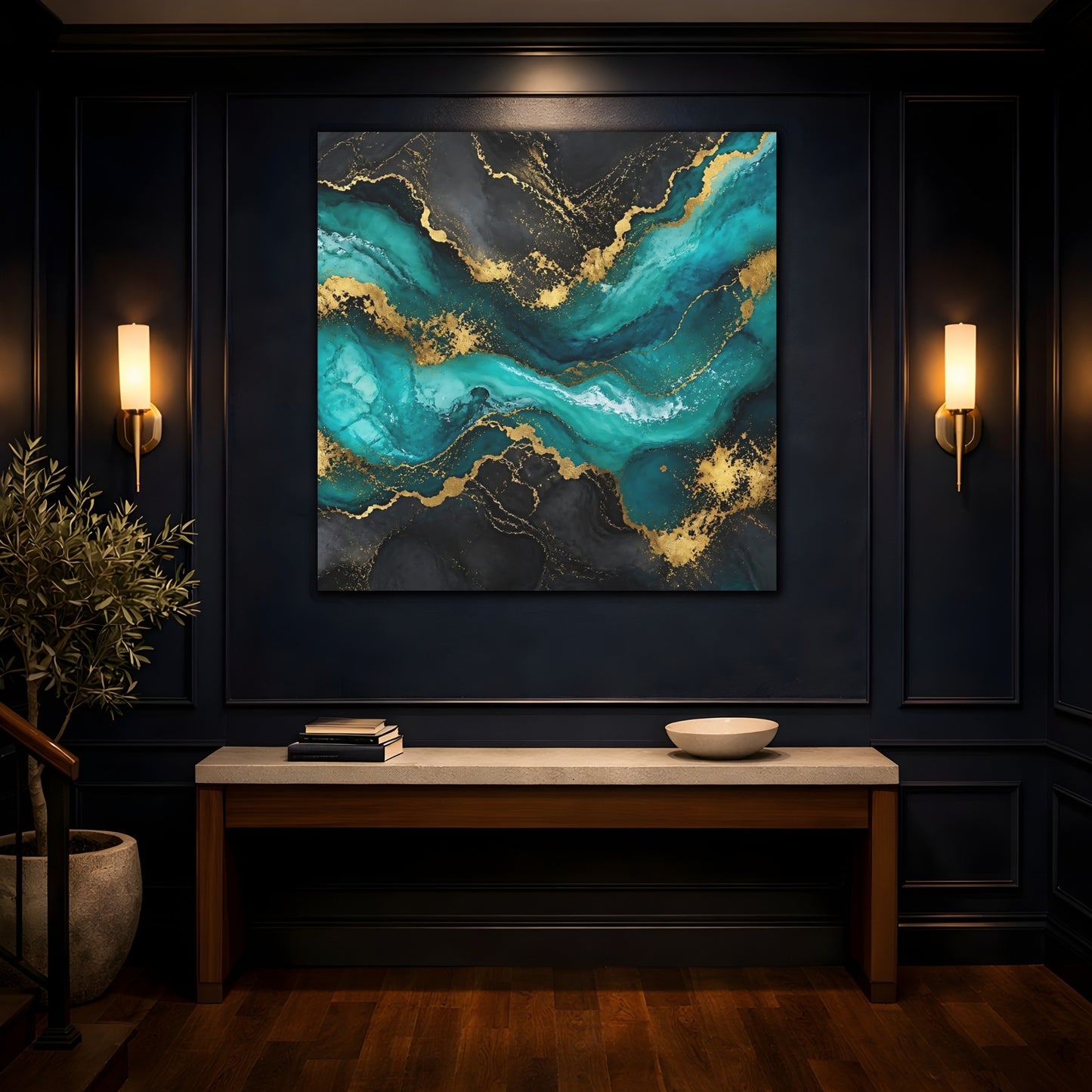 Mockup 4. Abstract Abstract Waves Teal Gold Abstract shown as canvas print