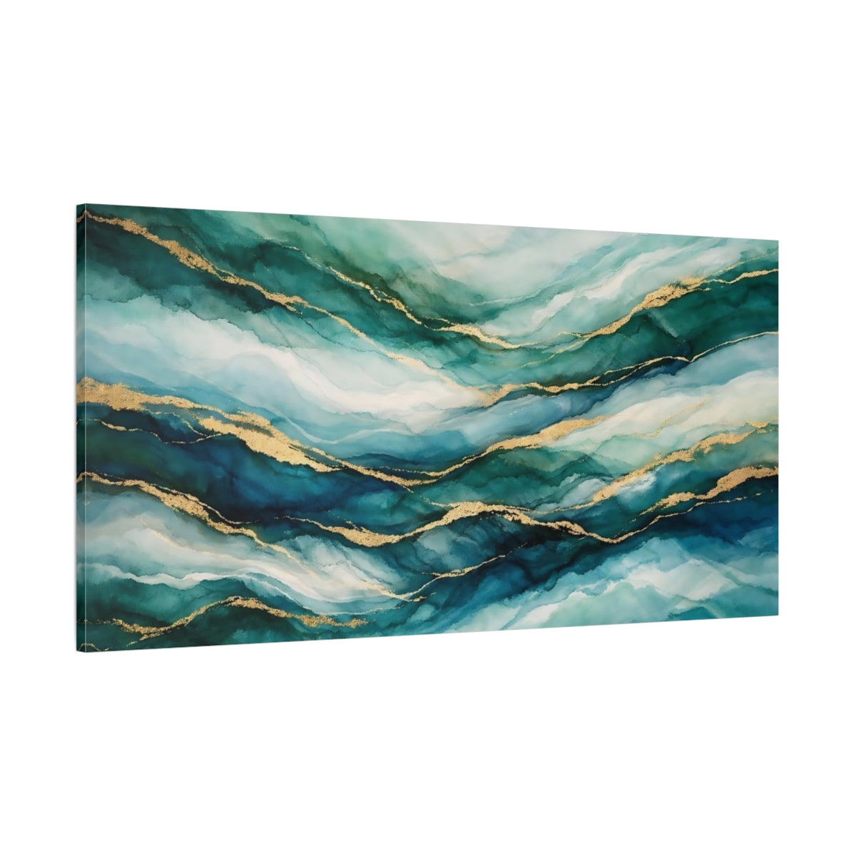 Main Mockup. Abstract Abstract Waves Teal Gold Waves shown as stretched canvas wall art