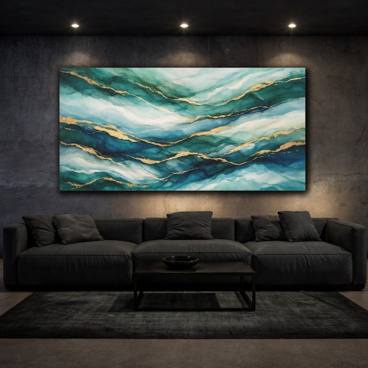 Mockup 2. Abstract Abstract Waves Teal Gold Waves shown as stretched canvas wall art