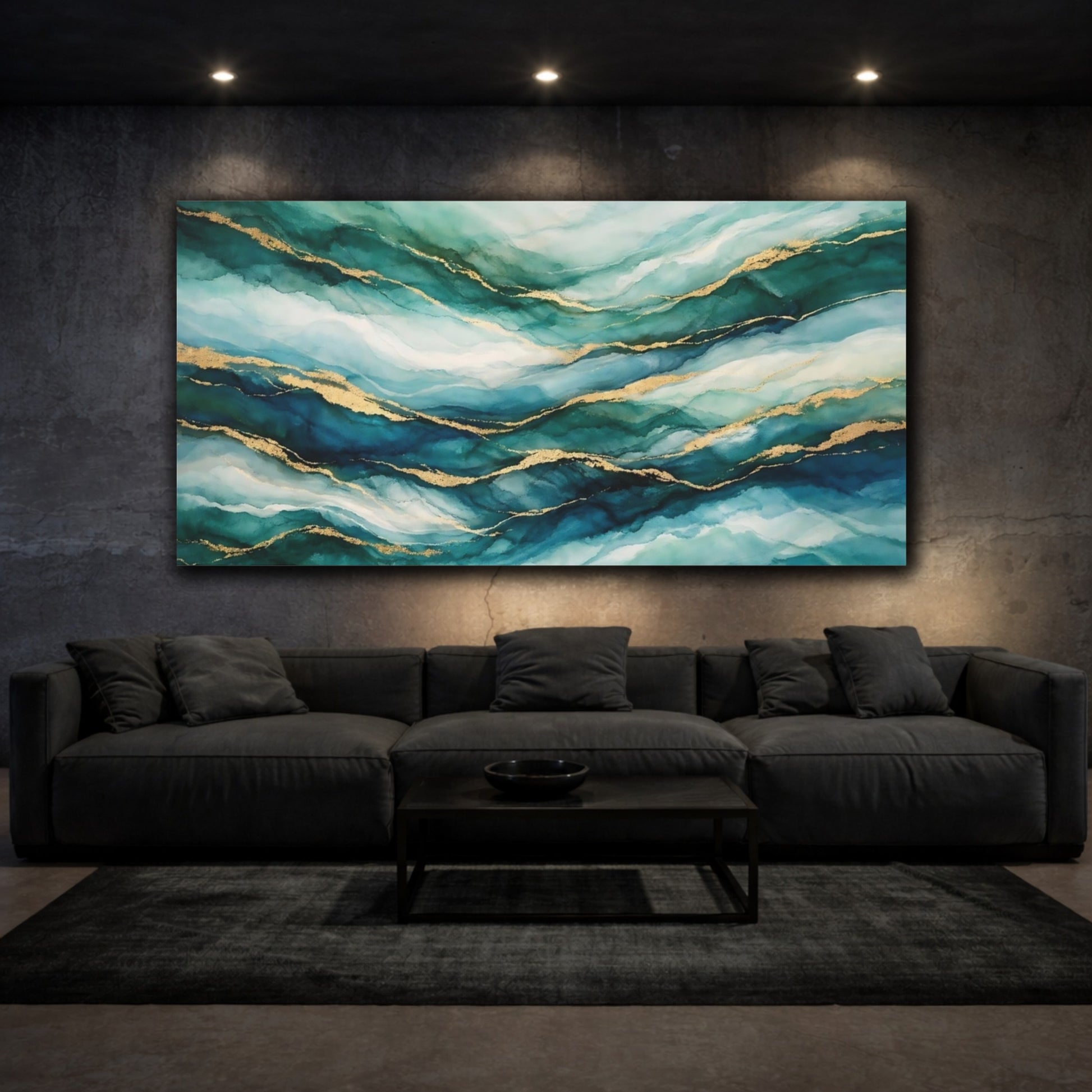 Mockup 2. Abstract Abstract Waves Teal Gold Waves shown as stretched canvas wall art