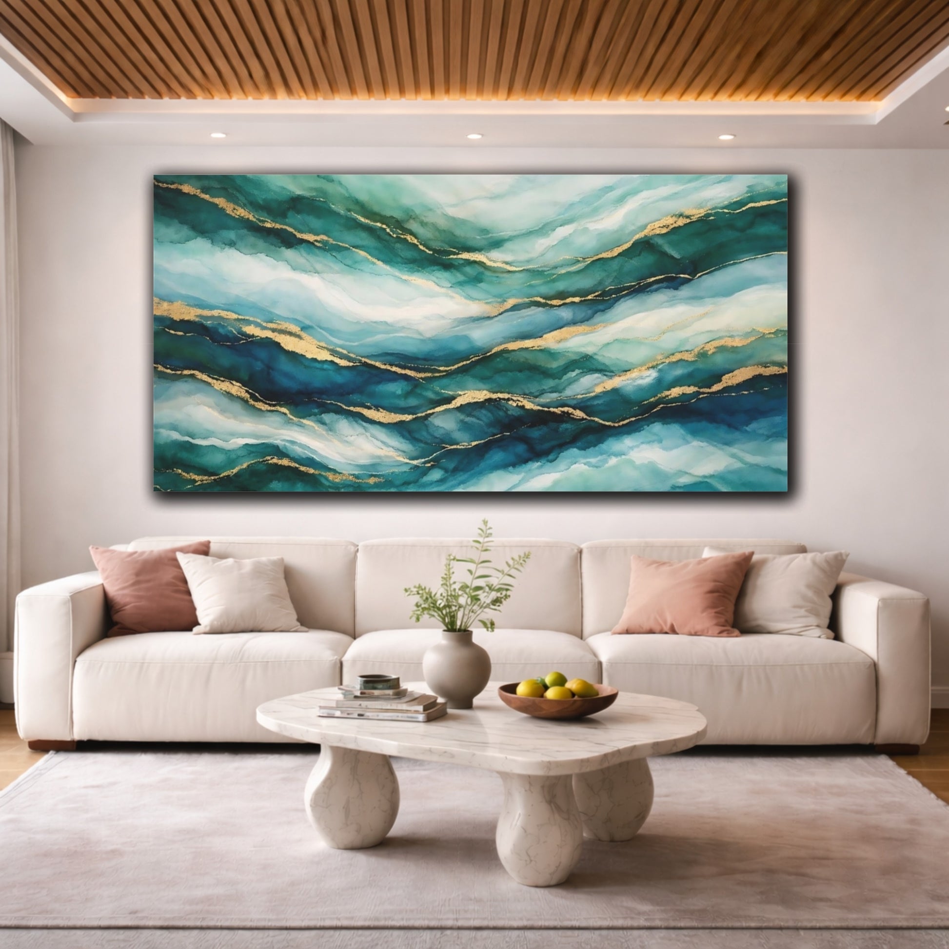 Mockup 3. Abstract Abstract Waves Teal Gold Waves shown as stretched canvas wall art