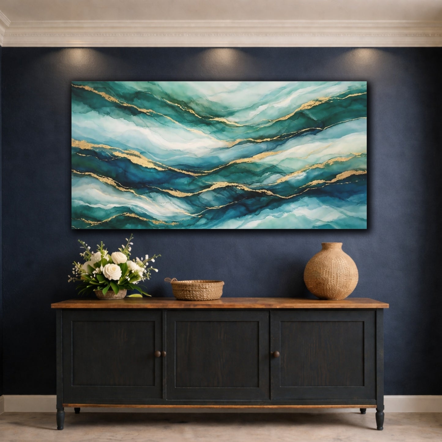 Mockup 4. Abstract Abstract Waves Teal Gold Waves shown as stretched canvas wall art