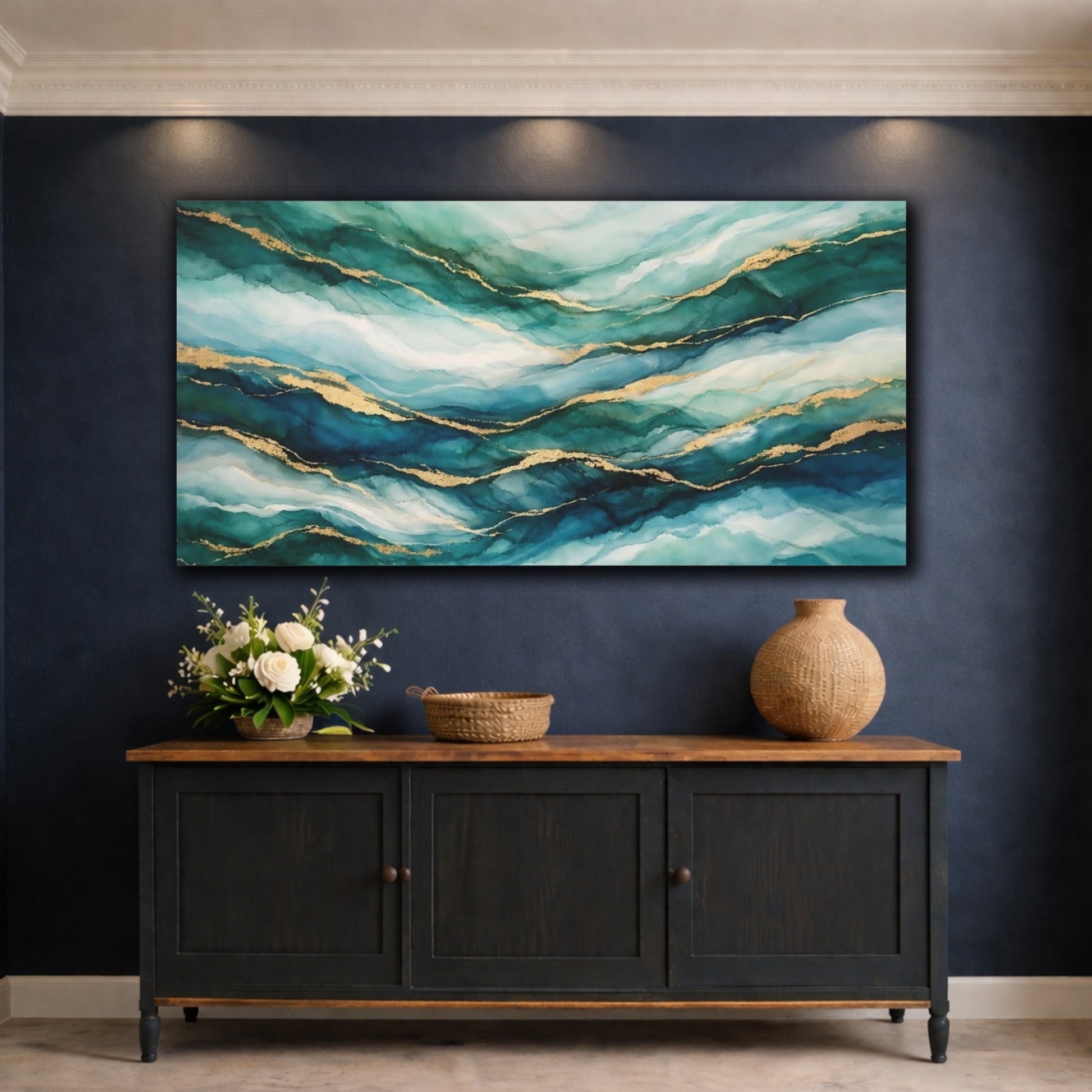 Mockup 4. Abstract Abstract Waves Teal Gold Waves shown as stretched canvas wall art