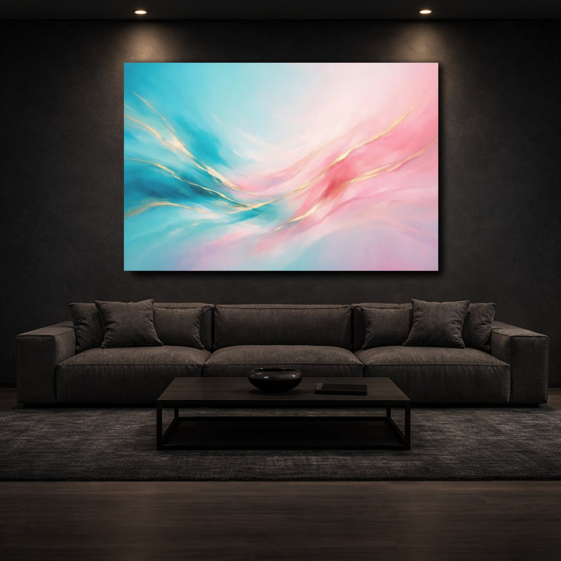 Mockup 2. Abstract Abstract Waves Teal Pink Gold shown as stretched canvas wall art