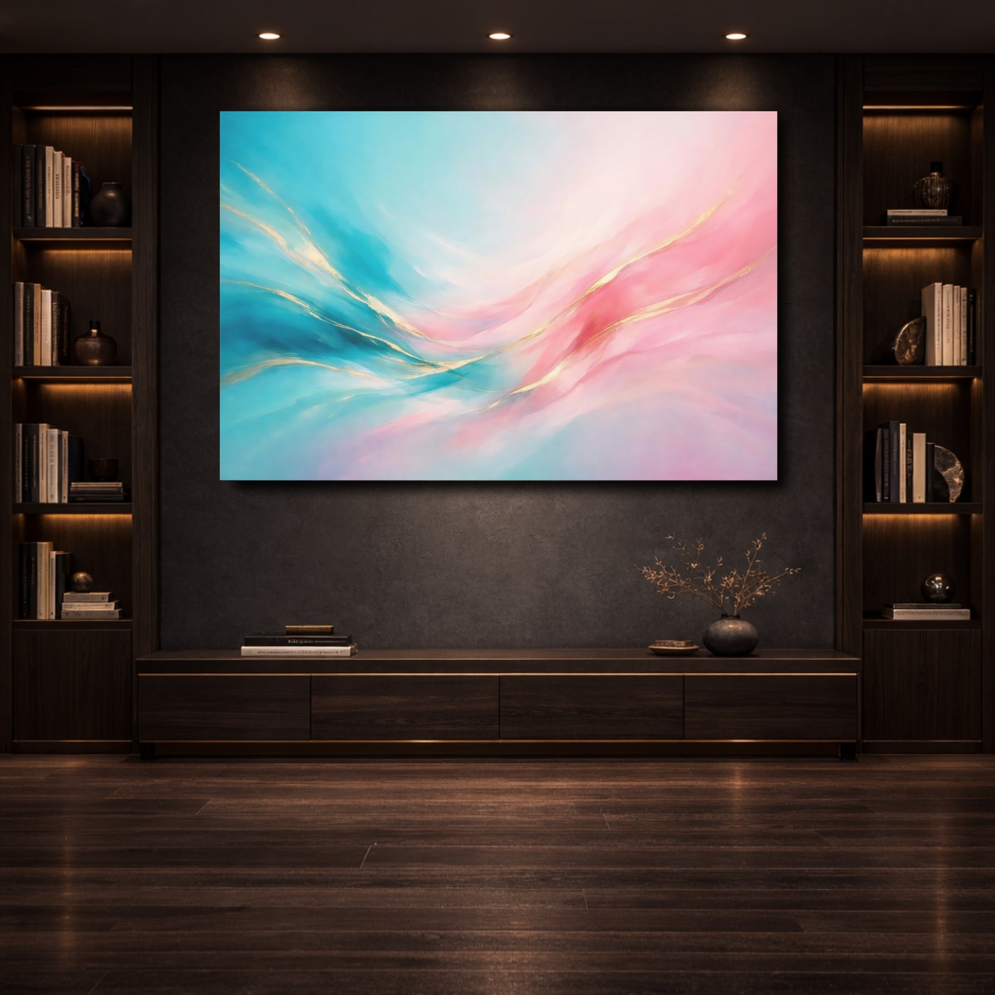 Mockup 3. Abstract Abstract Waves Teal Pink Gold shown as stretched canvas wall art