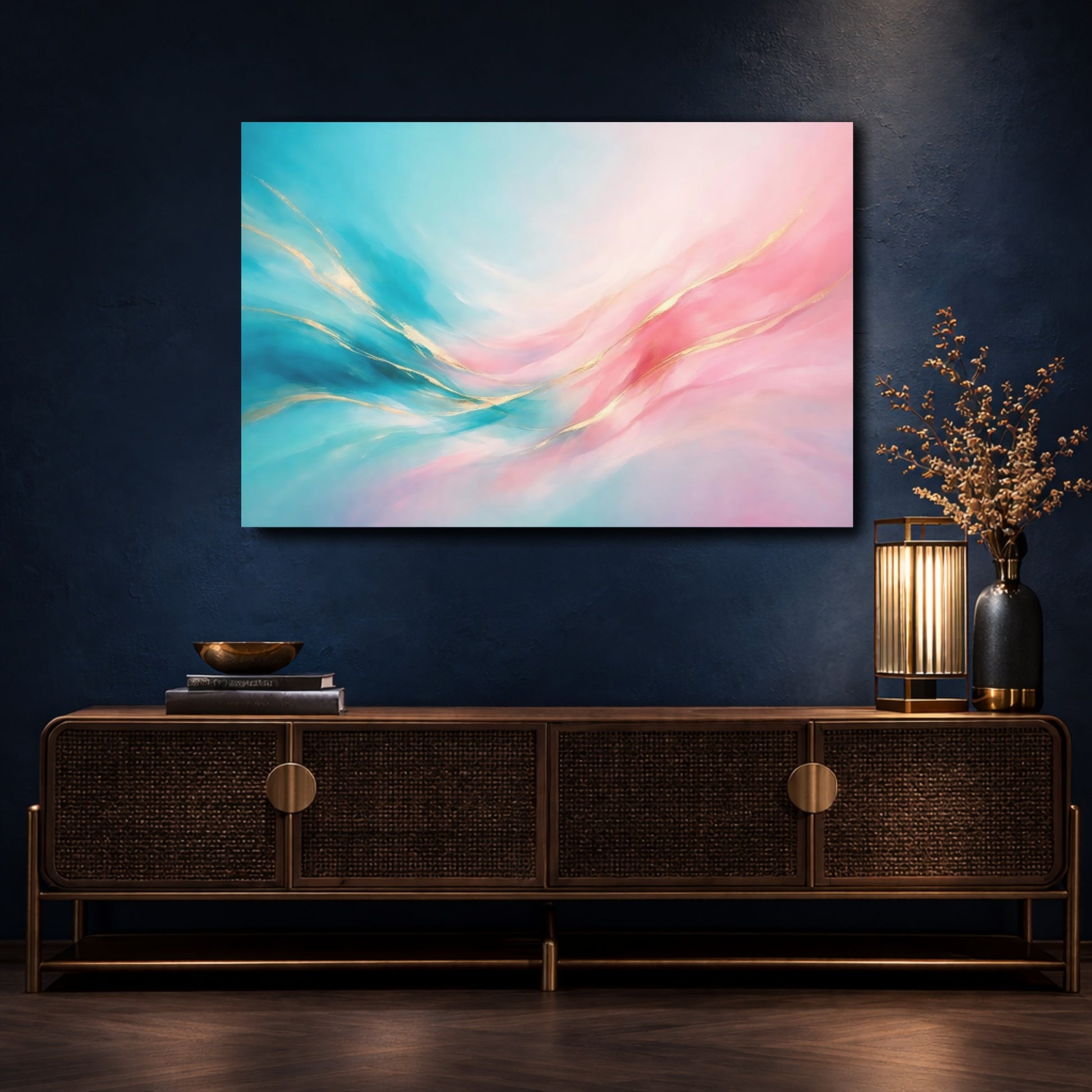Mockup 4. Abstract Abstract Waves Teal Pink Gold shown as stretched canvas wall art