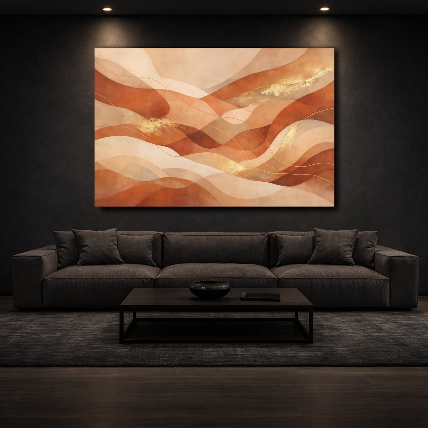 Mockup 2. Abstract Abstract Waves Terracotta Gold Abstract shown as stretched canvas wall art