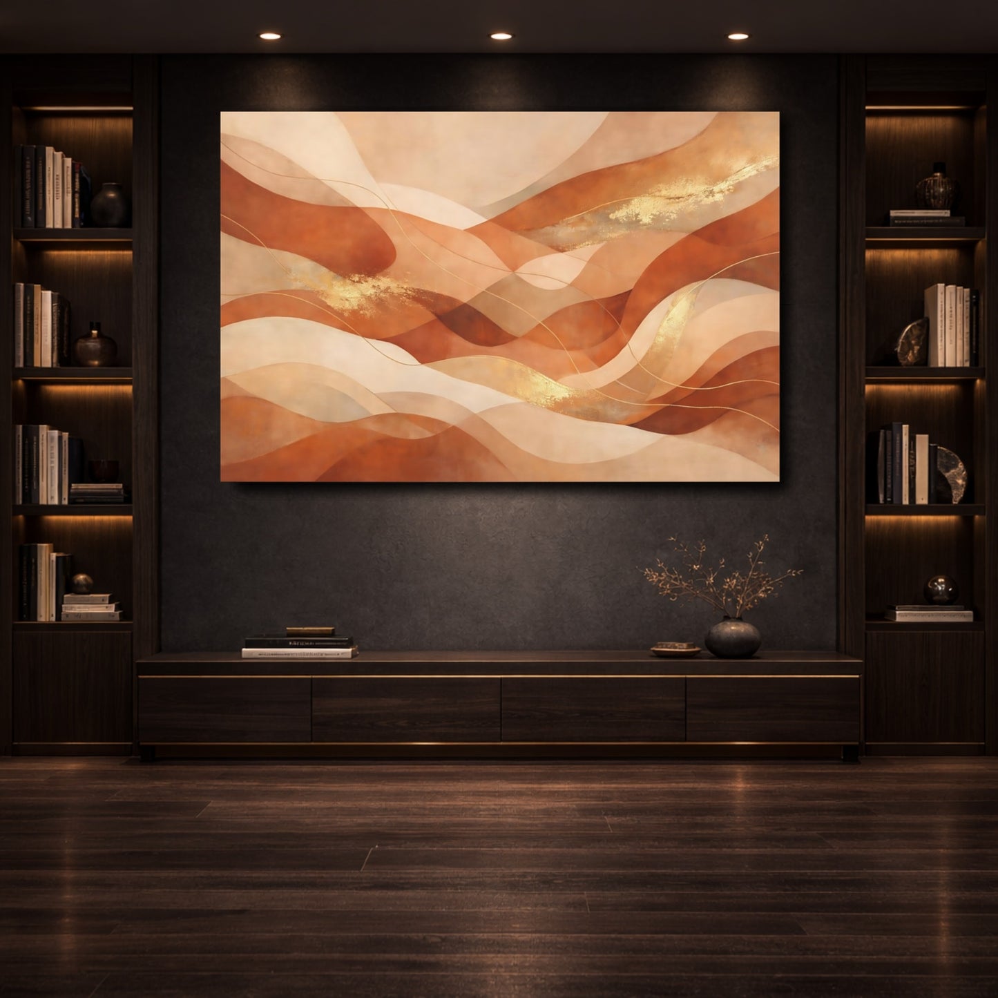 Mockup 3. Abstract Abstract Waves Terracotta Gold Abstract shown as stretched canvas wall art