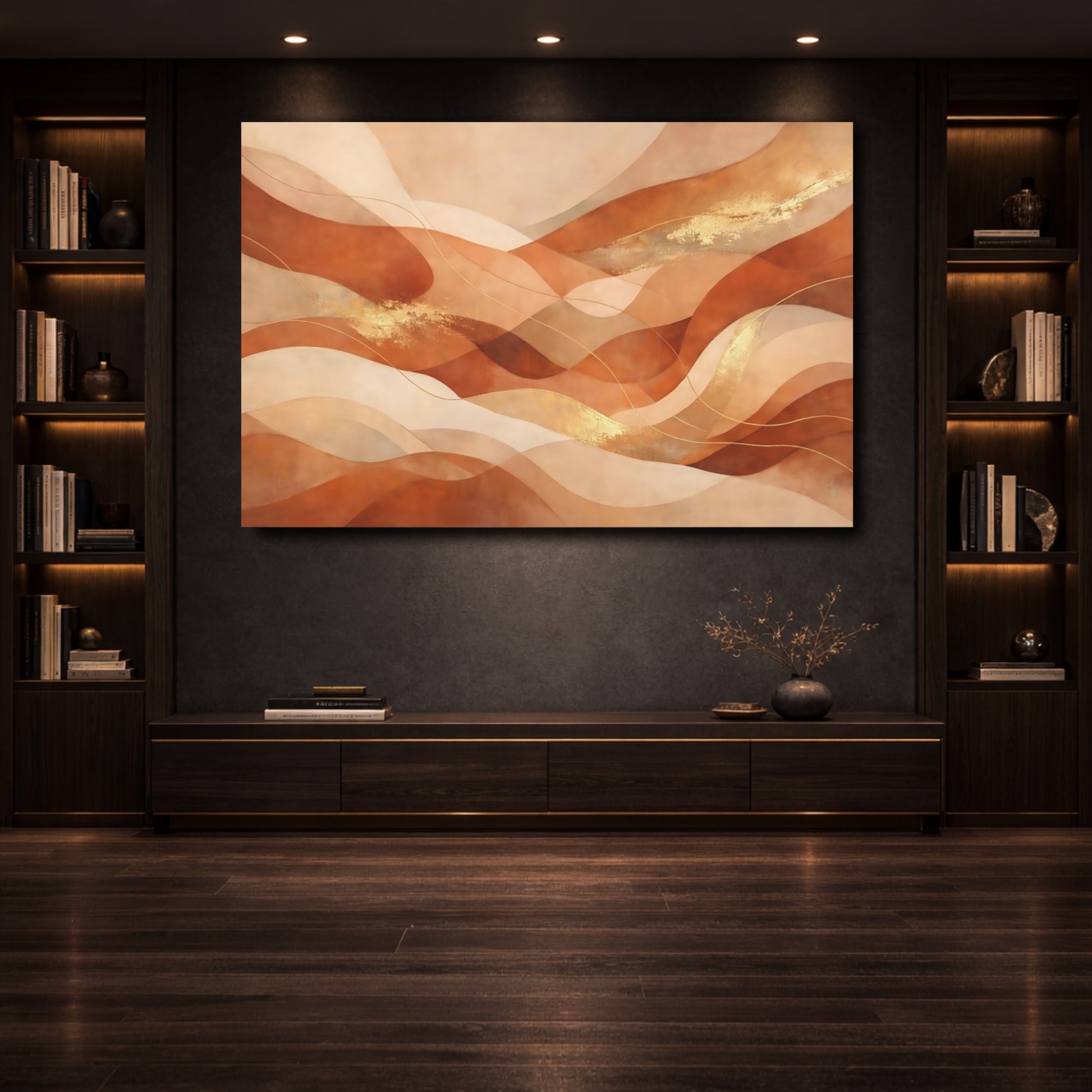 Mockup 3. Abstract Abstract Waves Terracotta Gold Abstract shown as stretched canvas wall art