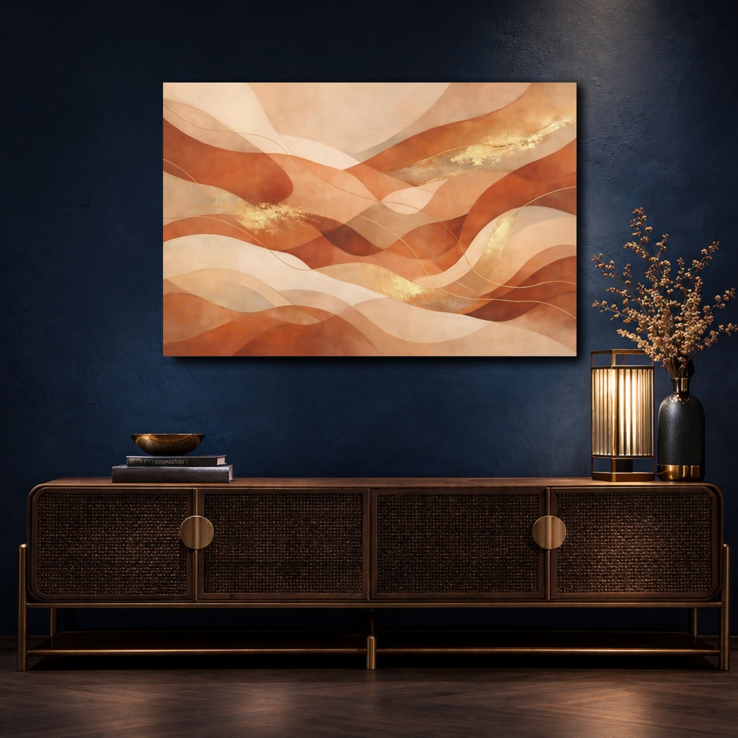 Mockup 4. Abstract Abstract Waves Terracotta Gold Abstract shown as stretched canvas wall art