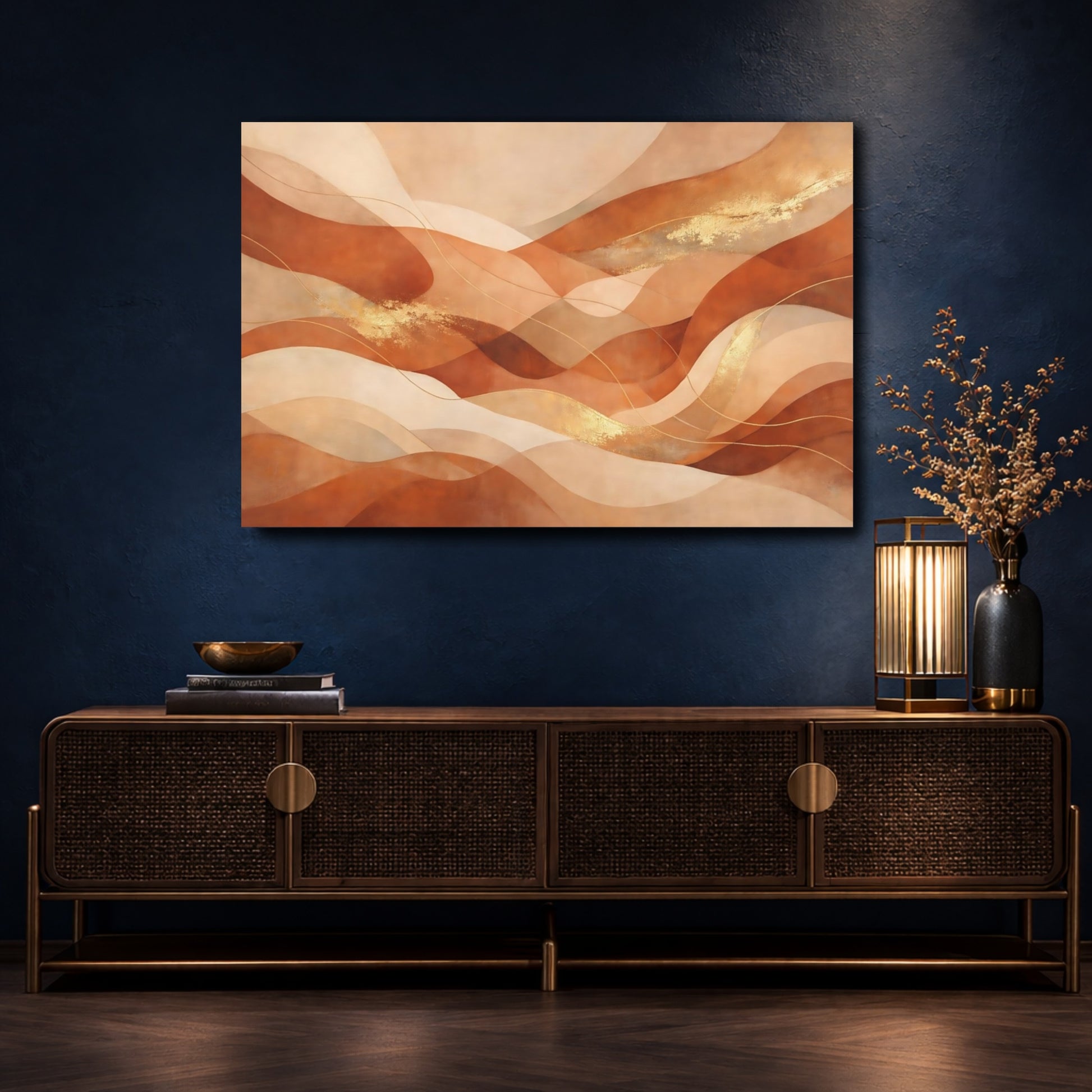 Mockup 4. Abstract Abstract Waves Terracotta Gold Abstract shown as stretched canvas wall art