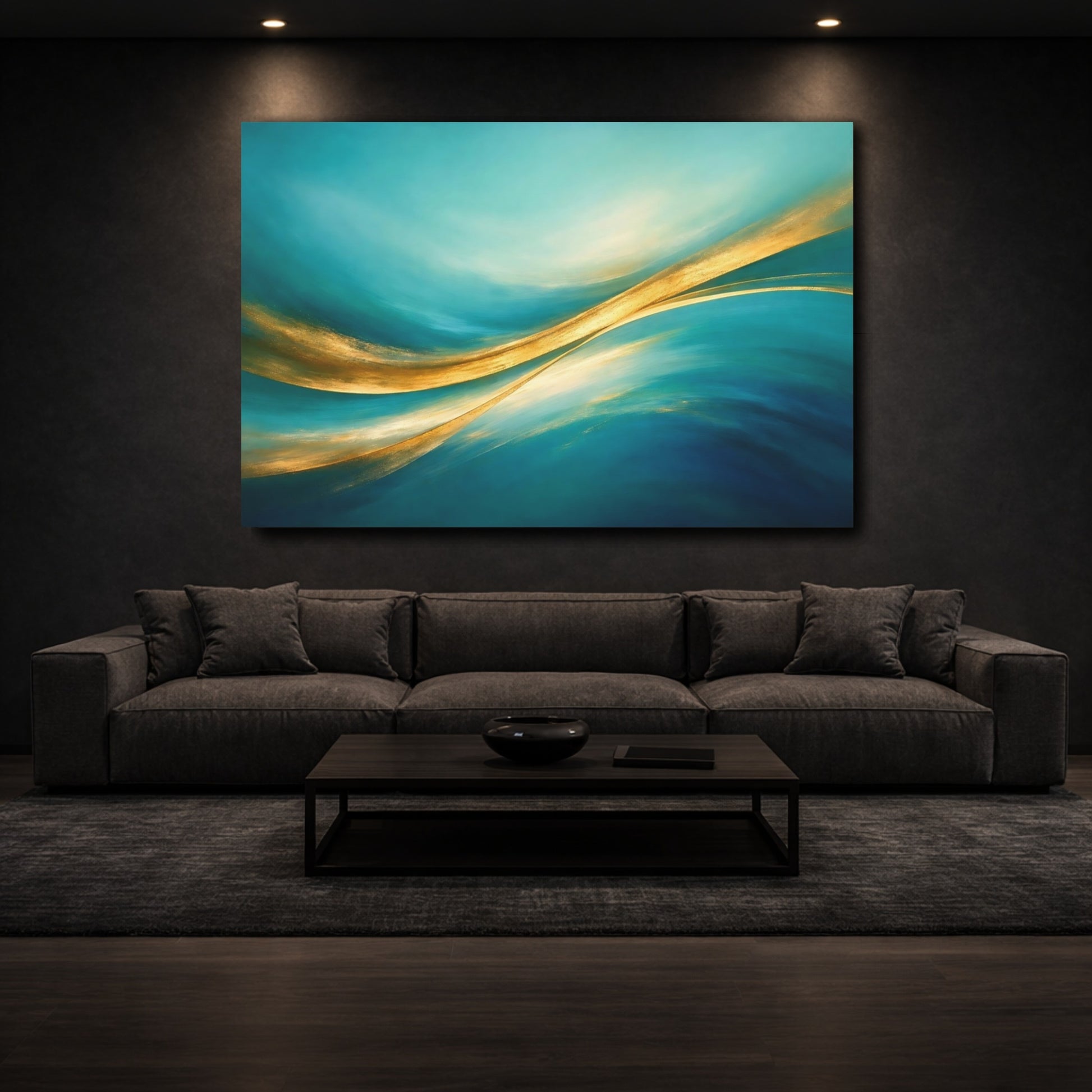 Mockup 2. Abstract Abstract Waves Turquoise And Gold shown as stretched canvas wall art
