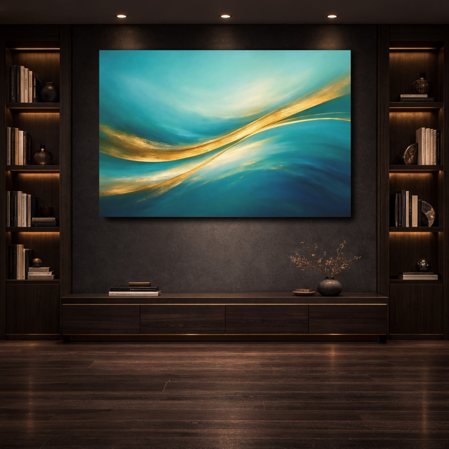 Mockup 3. Abstract Abstract Waves Turquoise And Gold shown as stretched canvas wall art
